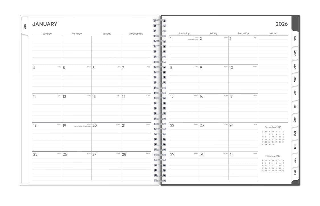 January 2026 - December 2026 weekly monthly planner featuring a monthly spread boxes for each day, lined writing space, notes section, reference calendars, and mint monthly tabs in 8.5x11 size