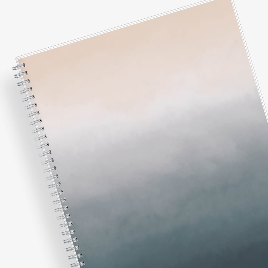 January 2026 to December 2026 weekly monthly planner in 8.5x11 size for blue sky with grey background and ombre cloud front cover, silver twin wire-o binding