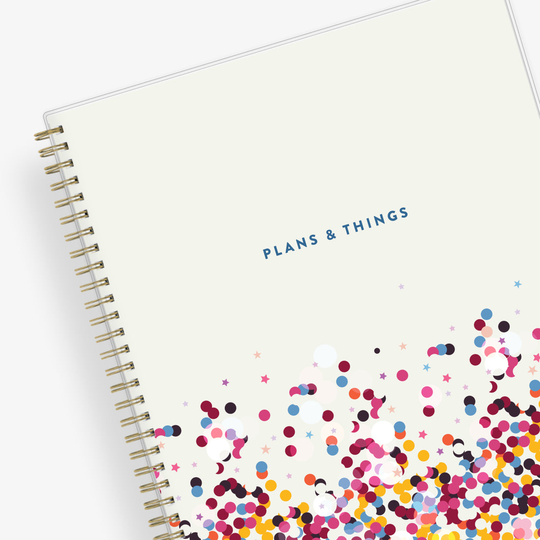 academic student planner featuring a confetti inspired front cover in 8.5x11 size, Titled &quot;Plans &amp; Things&quot;