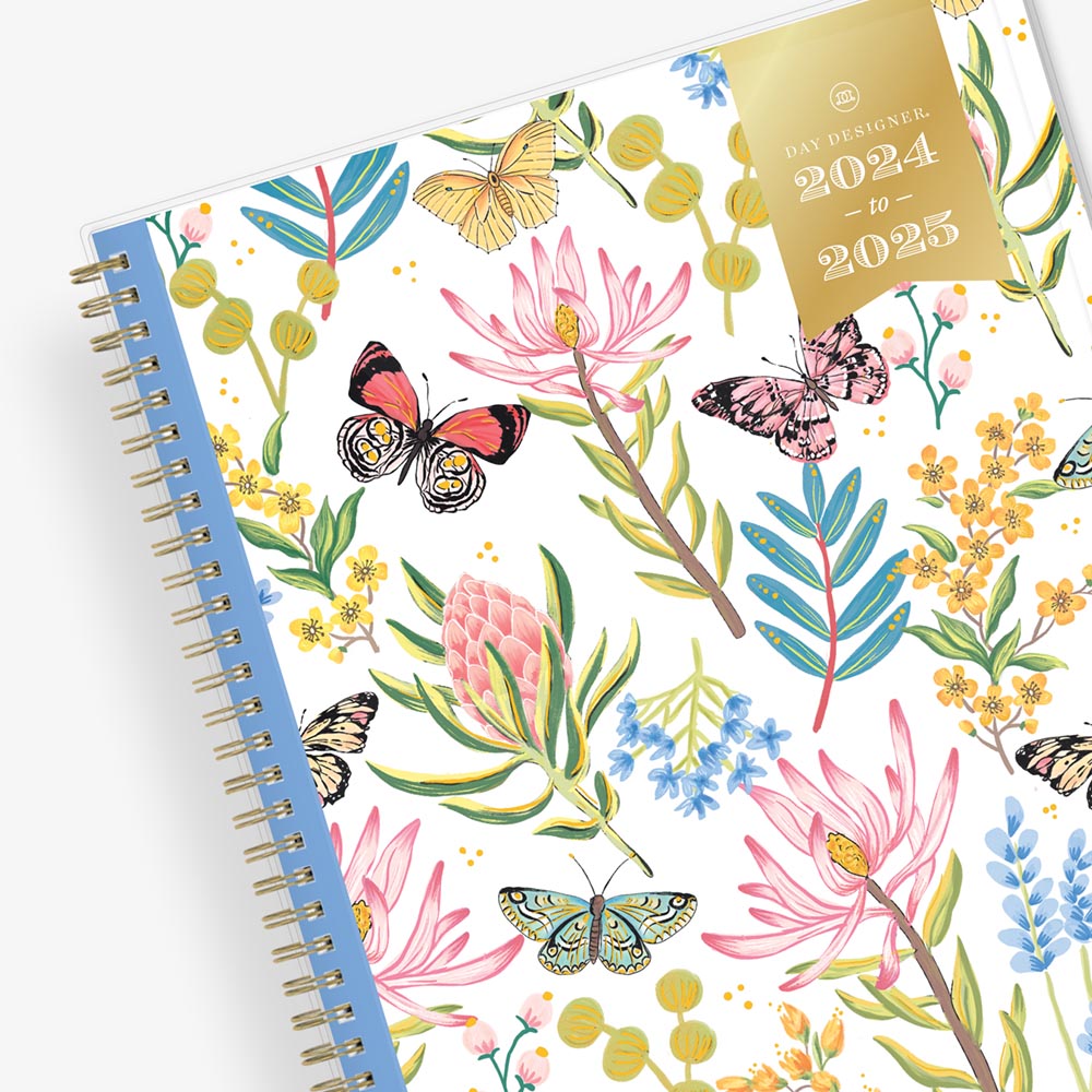 flutter butterfly front cover with floral background in 8.5x11 planner size from Day Designer for Blue Sky June 2024 - July 2025