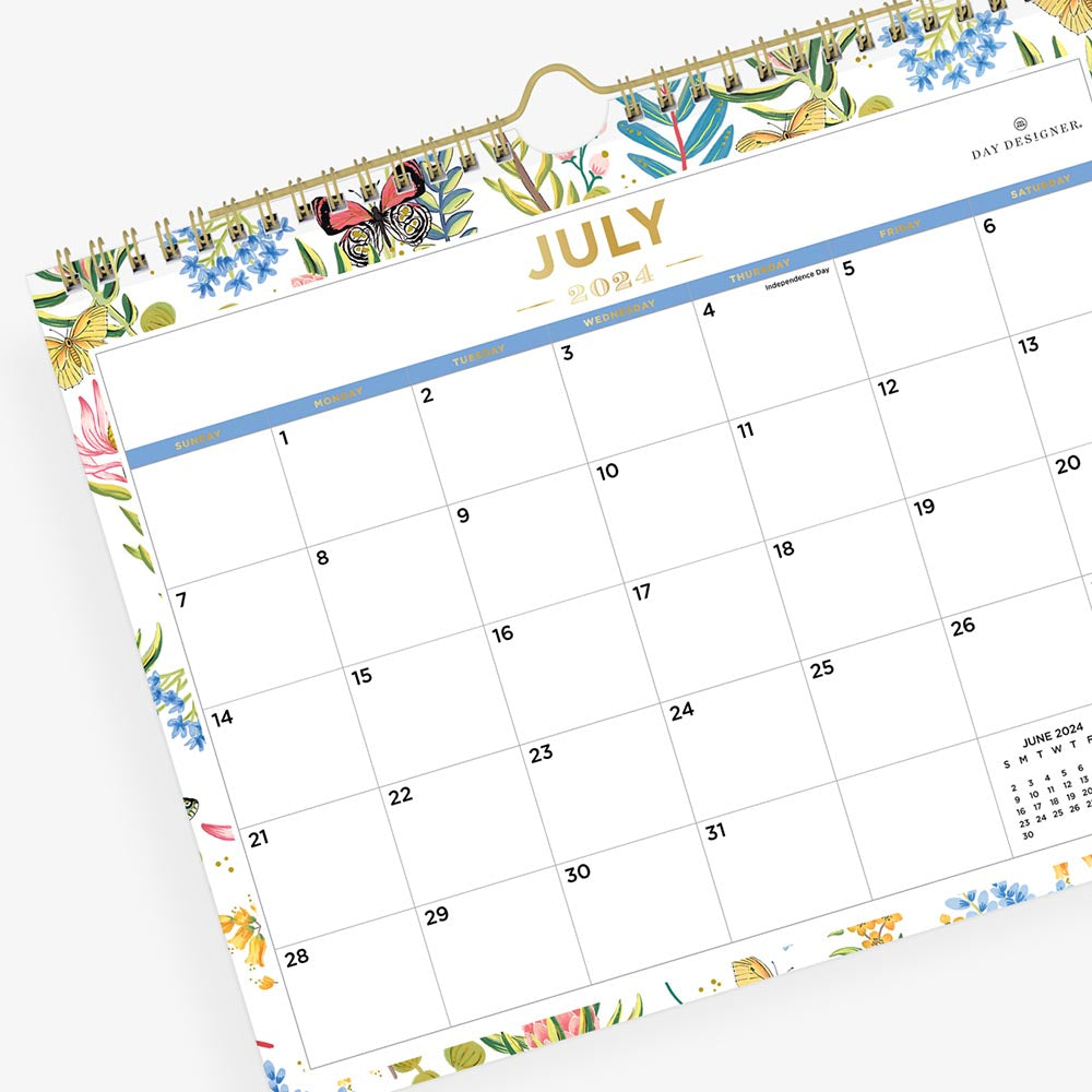 beautiful foilage and butterfly pattern with blank writing space for each boxed date, July 2024- June 2025 in 11.875 size