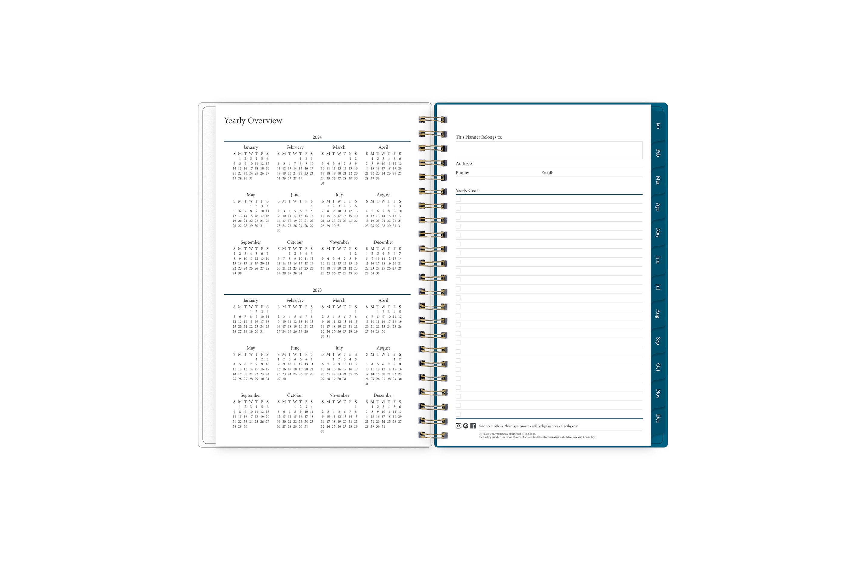2024 and 2025 yearly overview on the 5x8 weekly monthly planner featuring blue monthly tabs, yearly goals, notes, and contact information.