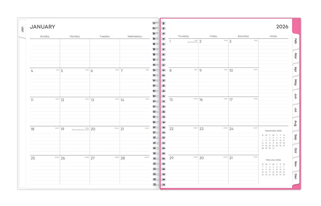 Featuring a January 2026 to December 2026 monthly view, there is lined writing space for each date, a notes section, reference calendars, and teal monthly tabs 8.5x11