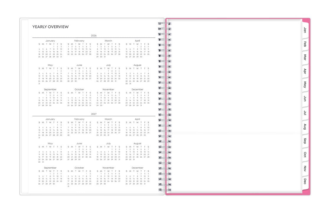 2026 planner featuring a yearly overview of 2026 and 2027 with yearly goals, notes section, and contact information in a 8.5x11 size 2026 weekly monthly planner