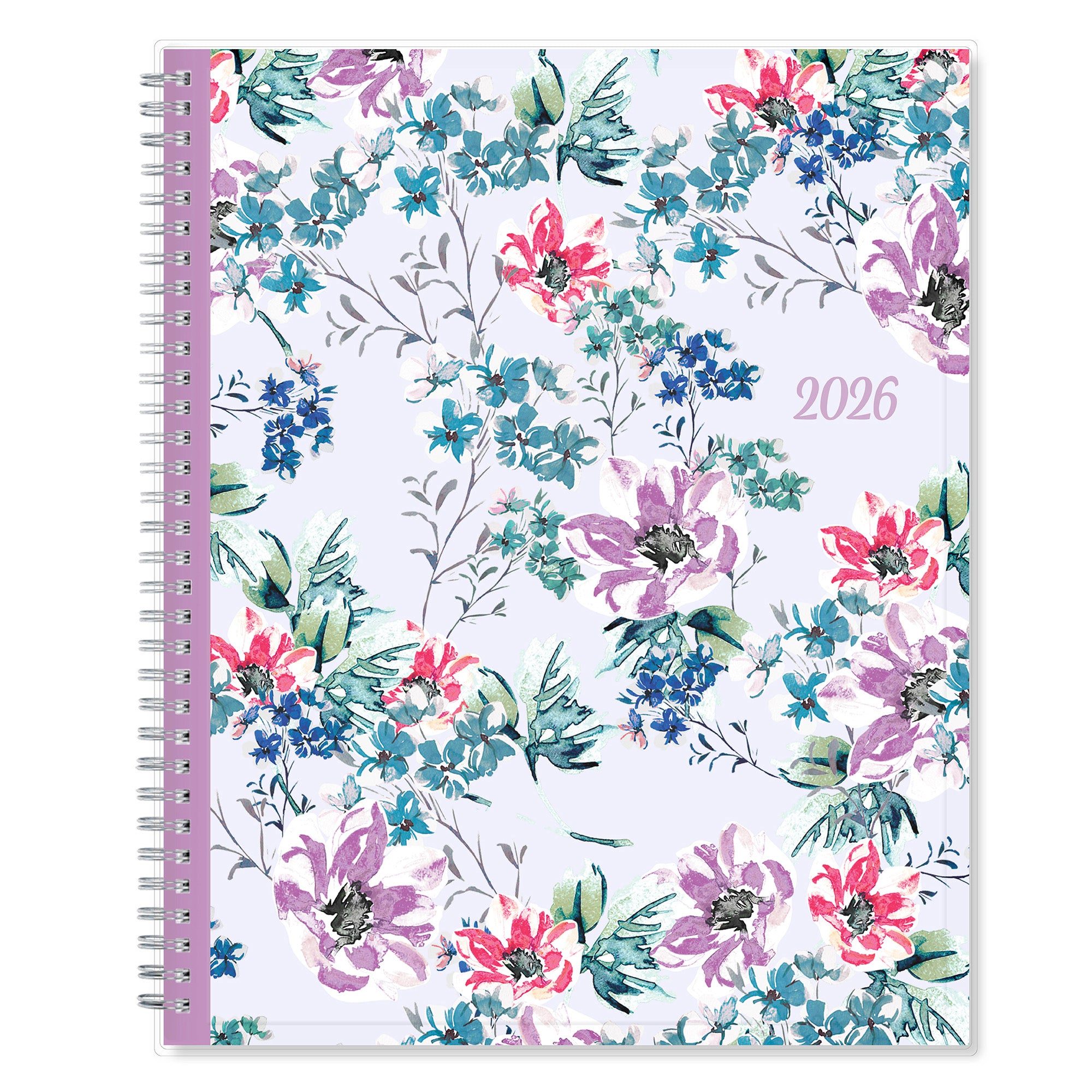 Blue Sky January 2026 - December 2026 weekly monthly planner featuring a floral front cover design with silver wire-o binding