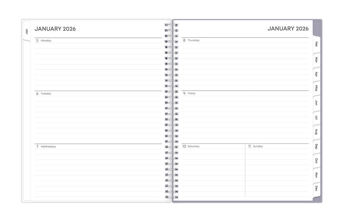 January 2026 - December 2026 weekly monthly planner featuring a weekly view with lined writing space for each date, reference calendars, and light blue monthly tabs