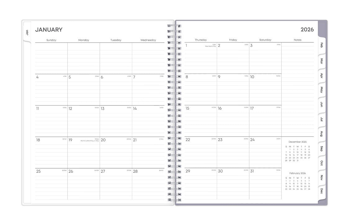 January 2026 - December 2026 weekly monthly planner featuring a monthly view with lined writing space for each date, reference calendars, and light blue monthly tabs