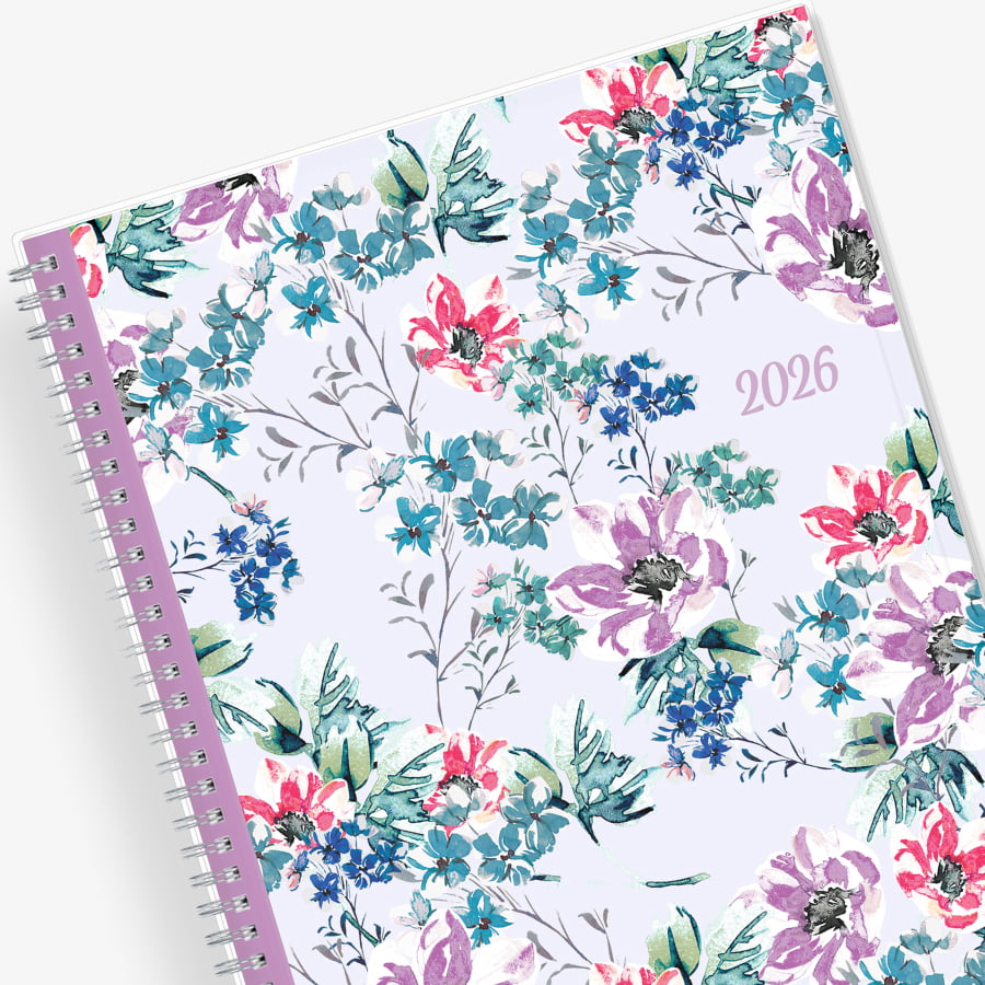 Blue Sky January 2026 - December 2026 weekly monthly planner featuring a floral front cover design with silver wire-o binding