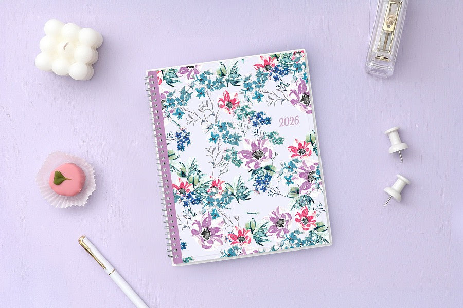 Blue Sky January 2026 - December 2026 weekly monthly planner featuring a floral front cover design with silver wire-o binding