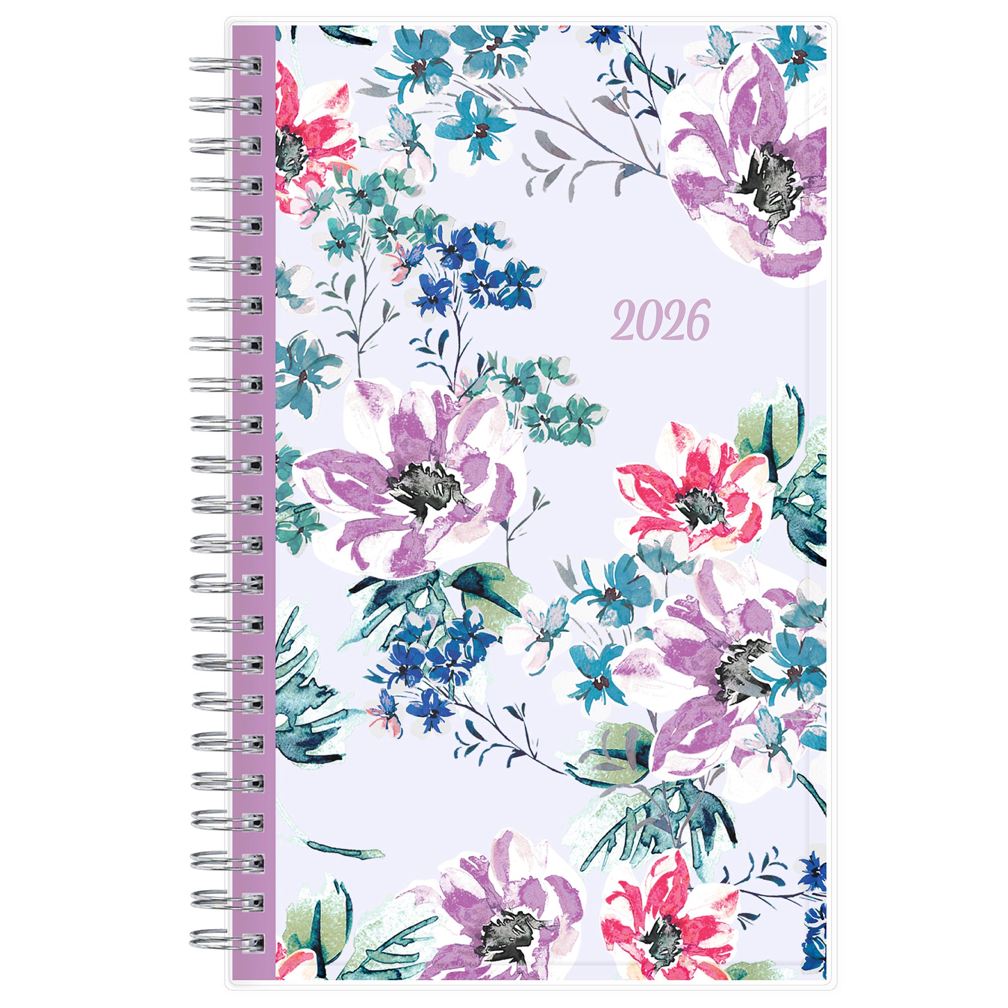 Blue Sky January 2026 - December 2026 weekly monthly planner featuring a floral front cover design with silver wire-o binding