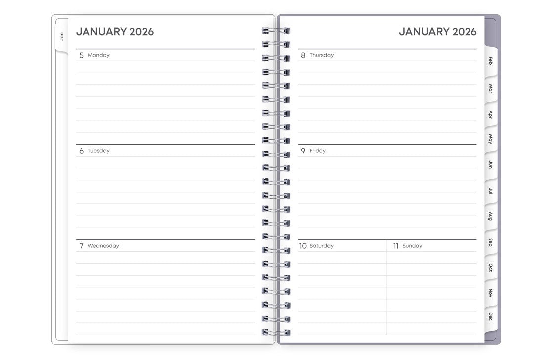 weekly view on this 2026 monthly weekly planner featuring ample lined writing space, weekly to do section, notes section, and blue monthly tabs