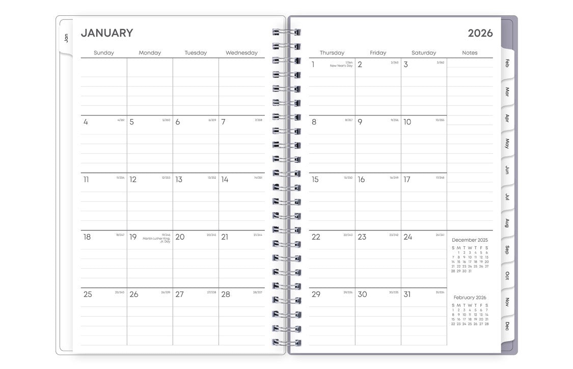 January 2026 - December 2026 weekly monthly planner featuring a monthly view with lined writing space for each date, reference calendars, and light blue monthly tabs