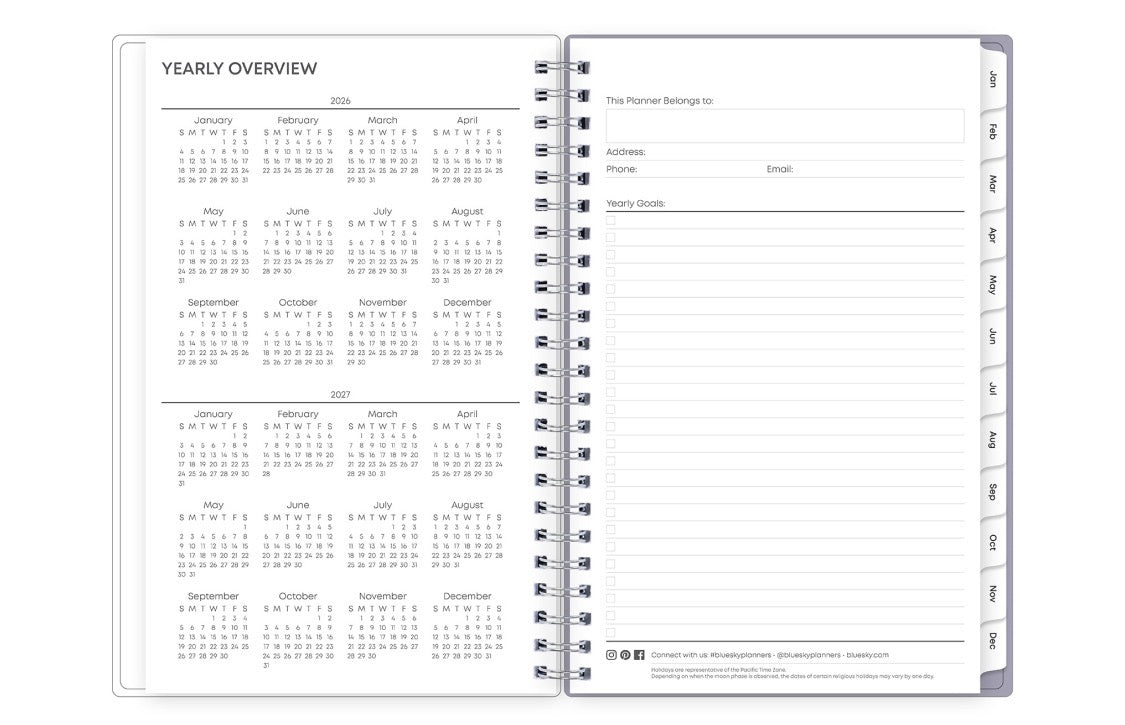 January 2026 - December 2026 weekly monthly planner featuring a monthly view with lined writing space for each date, reference calendars, and light blue monthly tabs