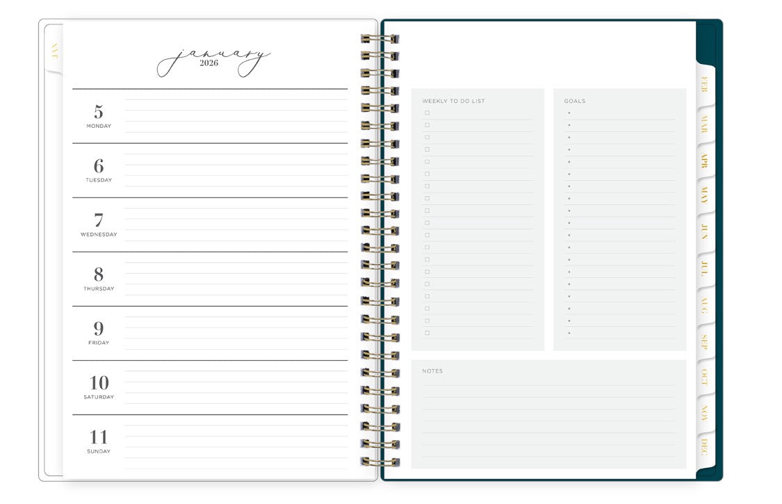 The new and improved Life Note It 2026 weekly planner features a weekly spread with clean white writing space, to do list, goals, and notes section for every important detail needed for planning a successful week in a 5.875x8.625 planner size
