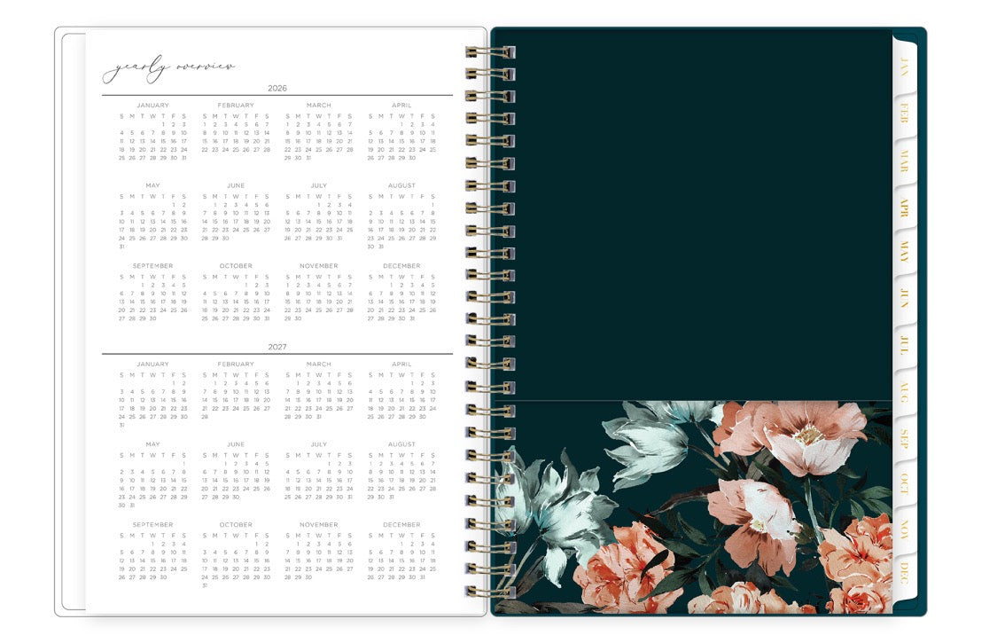 Spiral-bound planner with floral design on a white background reference calendar for year 2026 and 2027