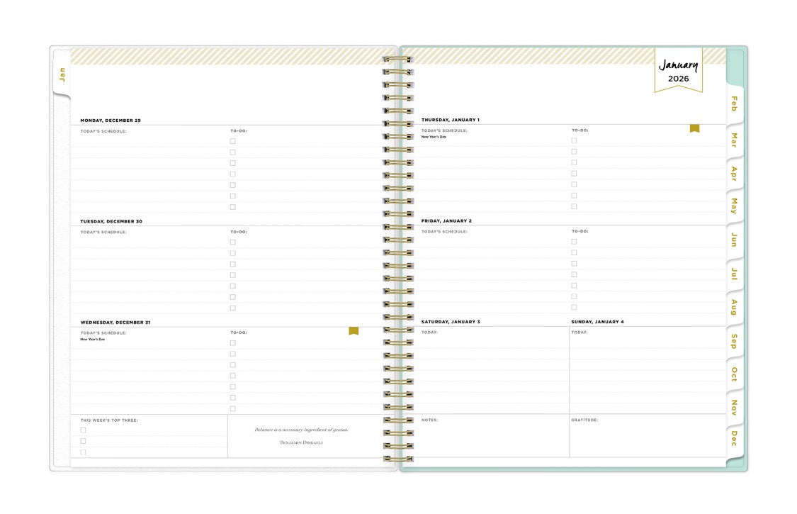 weekly spread featuring lined writing space, bullet points, to dos and monthly tabs
