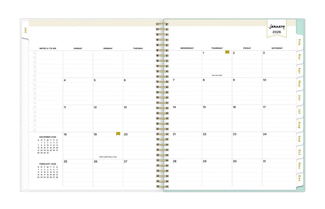 monthly spread featuring lined writing space, bullet points, to dos and monthly tabs