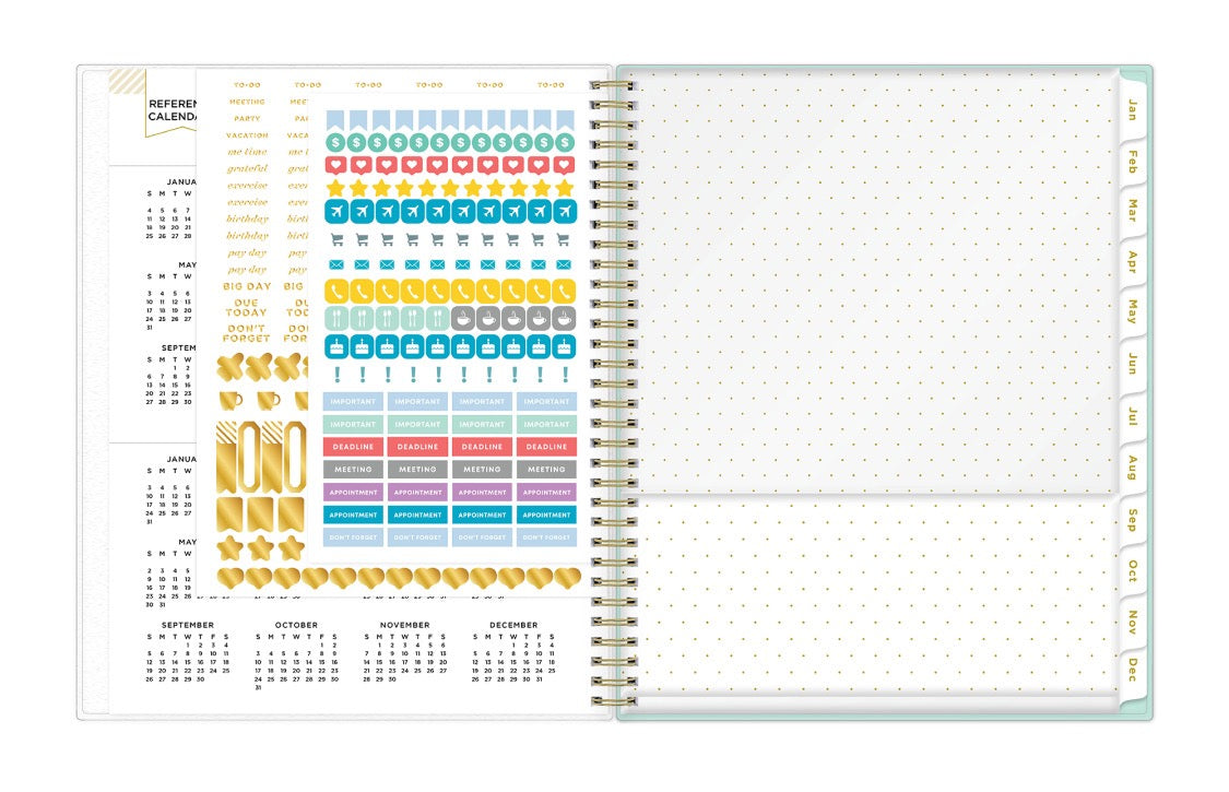 storage pocket, sticker sheets, and yearly overview for 2026 and 2027