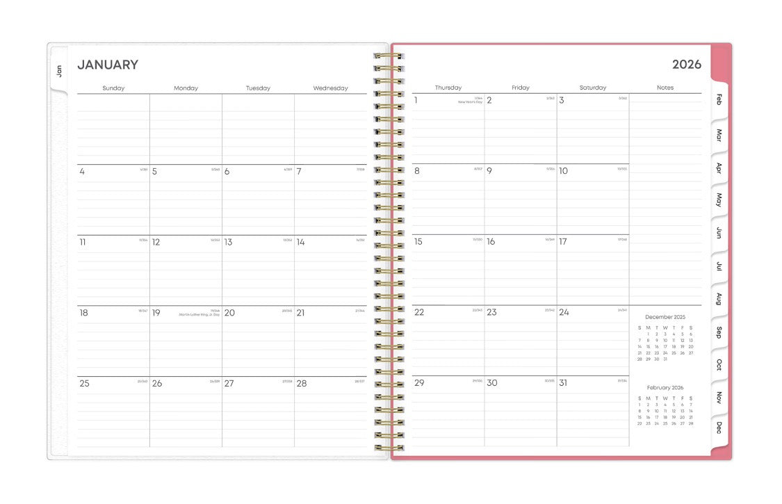 January 2026 - December 2026 weekly monthly planner featuring a monthly spread boxes for each day, lined writing space, notes section, reference calendars, and pink monthly tabs with white text in 8.5x11 size