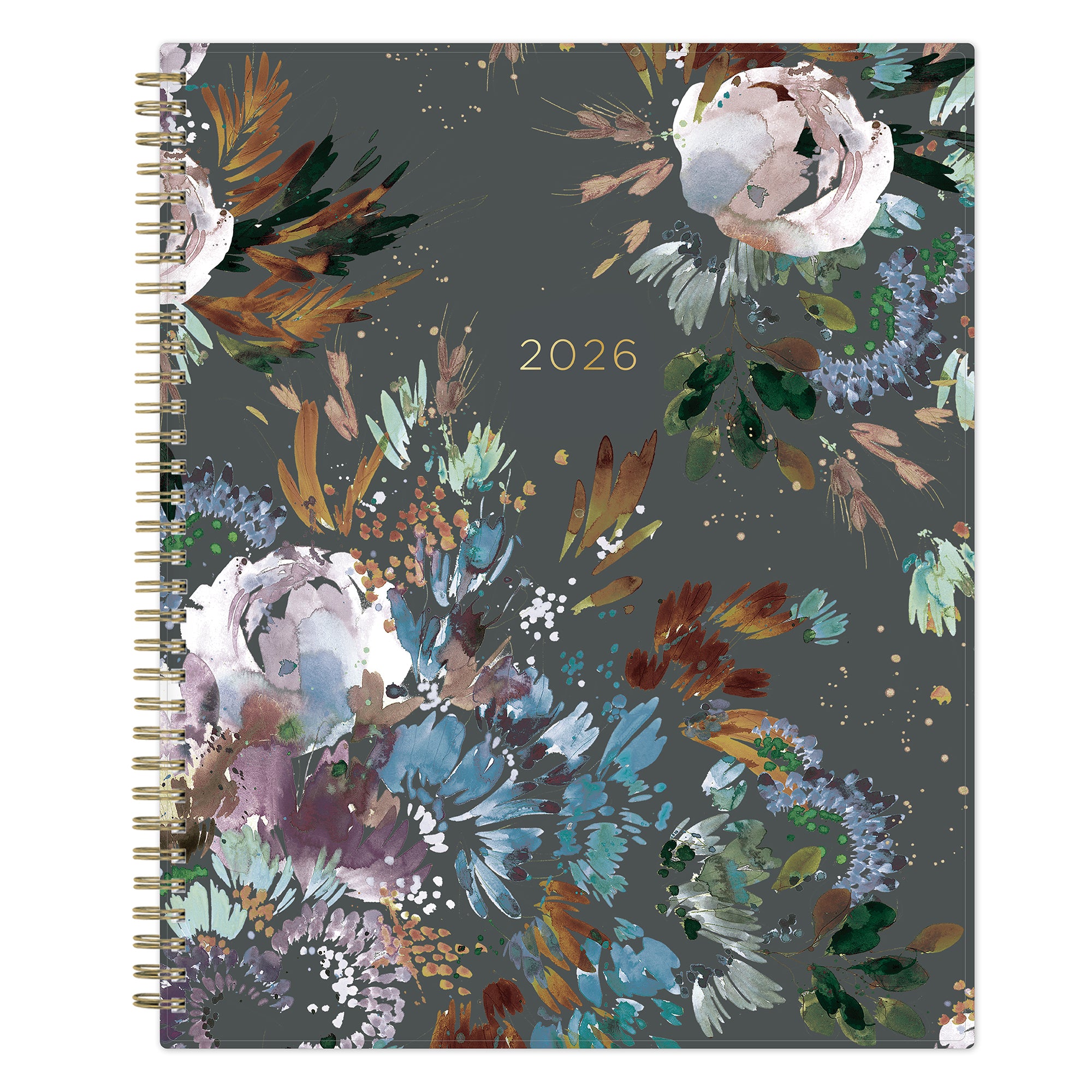 The kelly ventura 2026 weekly monthly planner for blue sky features beautiful watercolored floral cover with gold twin wire-o binding in a 8.5x11 planner size.