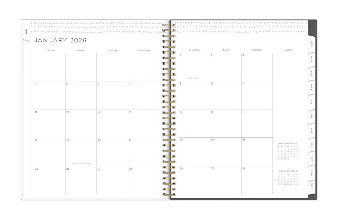 the kelly ventura 2025 weekly monthly planner features a monthly overview featuring, clean blank writing space, notes section, reference calendars, and teal monthly tabs, perfect for planning year in year out.
