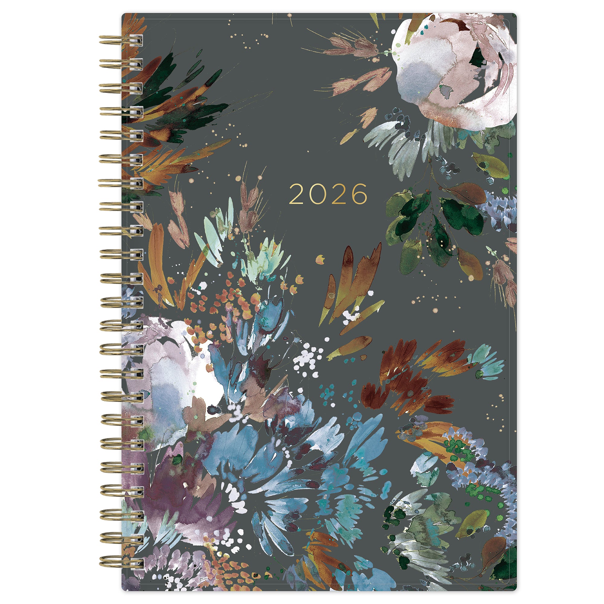 The kelly ventura 2026 weekly monthly planner for blue sky features beautiful watercolored floral cover with gold twin wire-o binding in a 5x8 planner size.