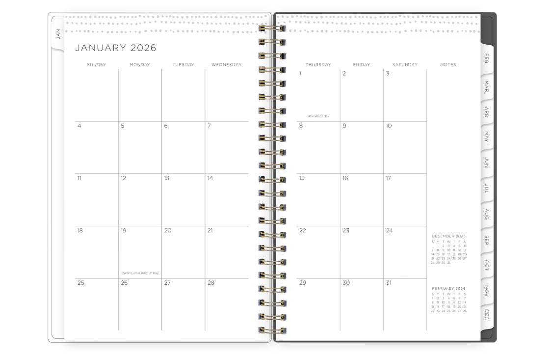 the kelly ventura 2026 weekly monthly planner features a monthly overview featuring, clean blank writing space, notes section, reference calendars, and teal monthly tabs, perfect for planning year in year out.