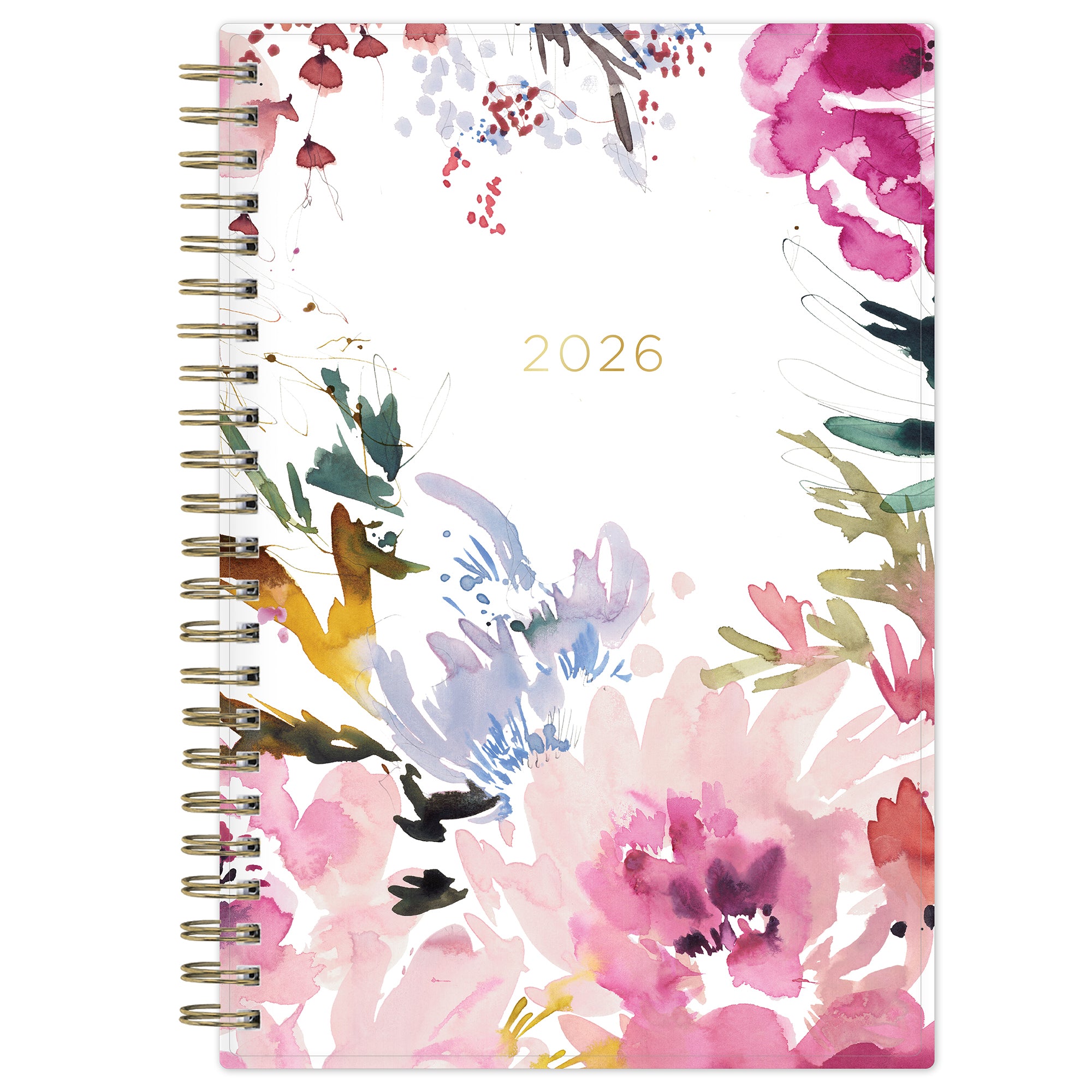 The kelly ventura 2026 weekly monthly planner for blue sky features beautiful watercolored floral cover with gold twin wire-o binding in a 5x8 planner size.