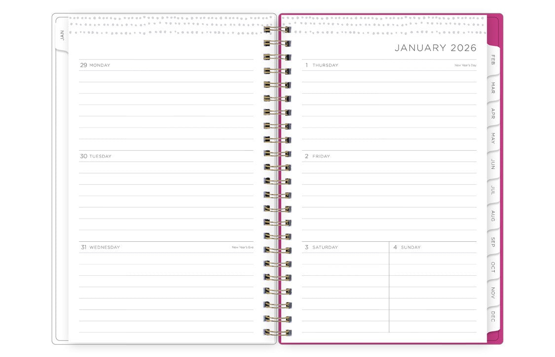 the kelly ventura 2026 weekly monthly planner features a monthly overview featuring, clean blank writing space, notes section, reference calendars, and teal monthly tabs, perfect for planning year in year out.