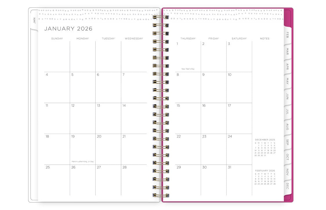 the kelly ventura 2026 weekly monthly planner features a monthly overview featuring, clean blank writing space, notes section, reference calendars, and teal monthly tabs, perfect for planning year in year out.