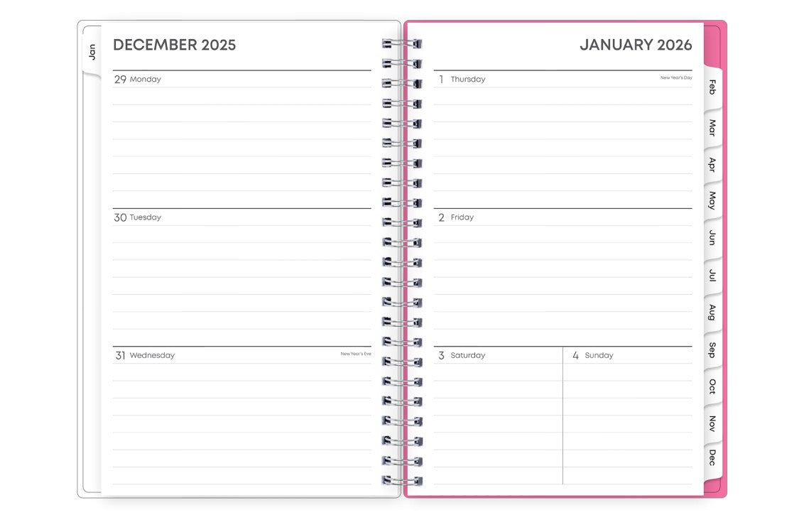 January 2026 to December 2026 weekly monthly planner featuring ample lined writing space, weekly to do list, notes section, and with teal monthly tabs 5x8