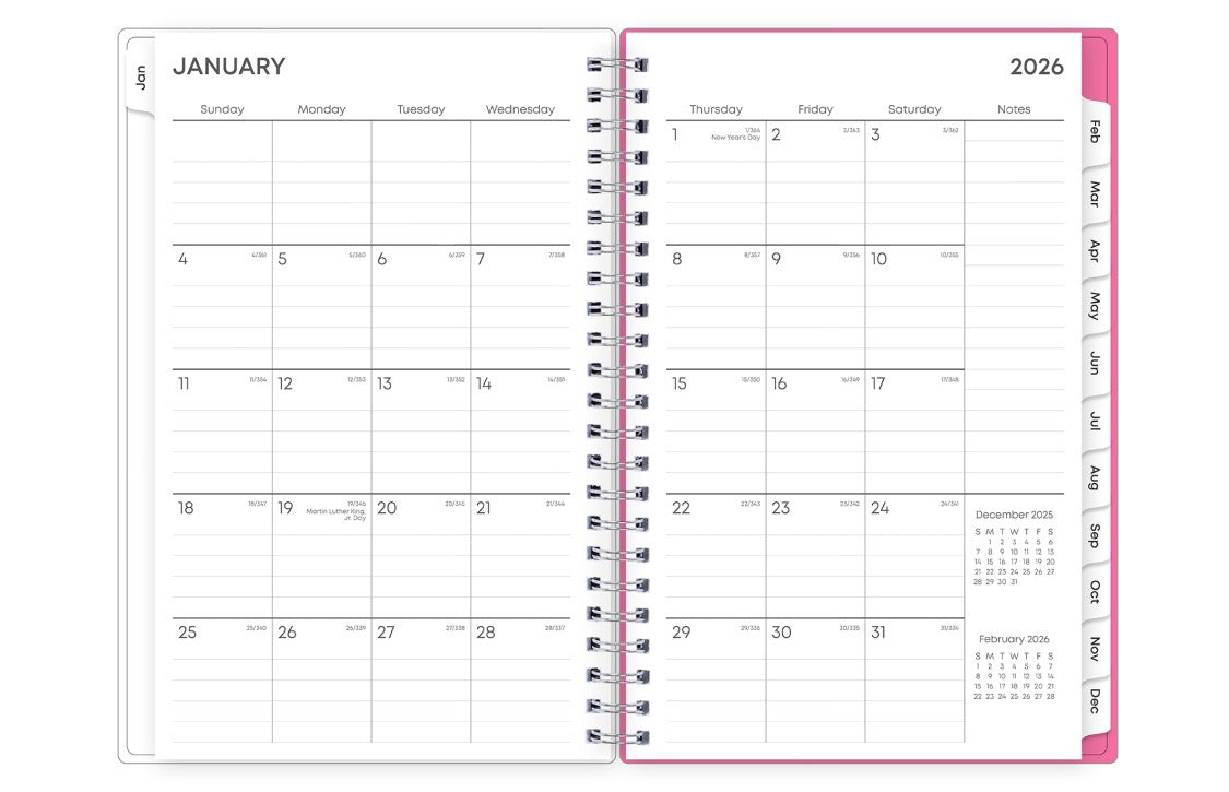 Featuring a January 2026 to December 2026  monthly view, there is lined writing space for each date, a notes section, reference calendars, and teal monthly tabs 5x8
