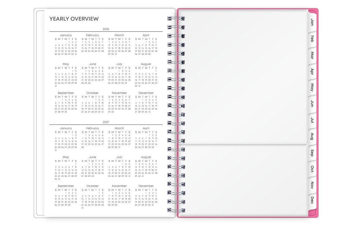 2026 planner featuring a yearly overview of 2026 and 2027 with yearly goals, notes section, and contact information in a 5x8 size 2026 weekly monthly planner