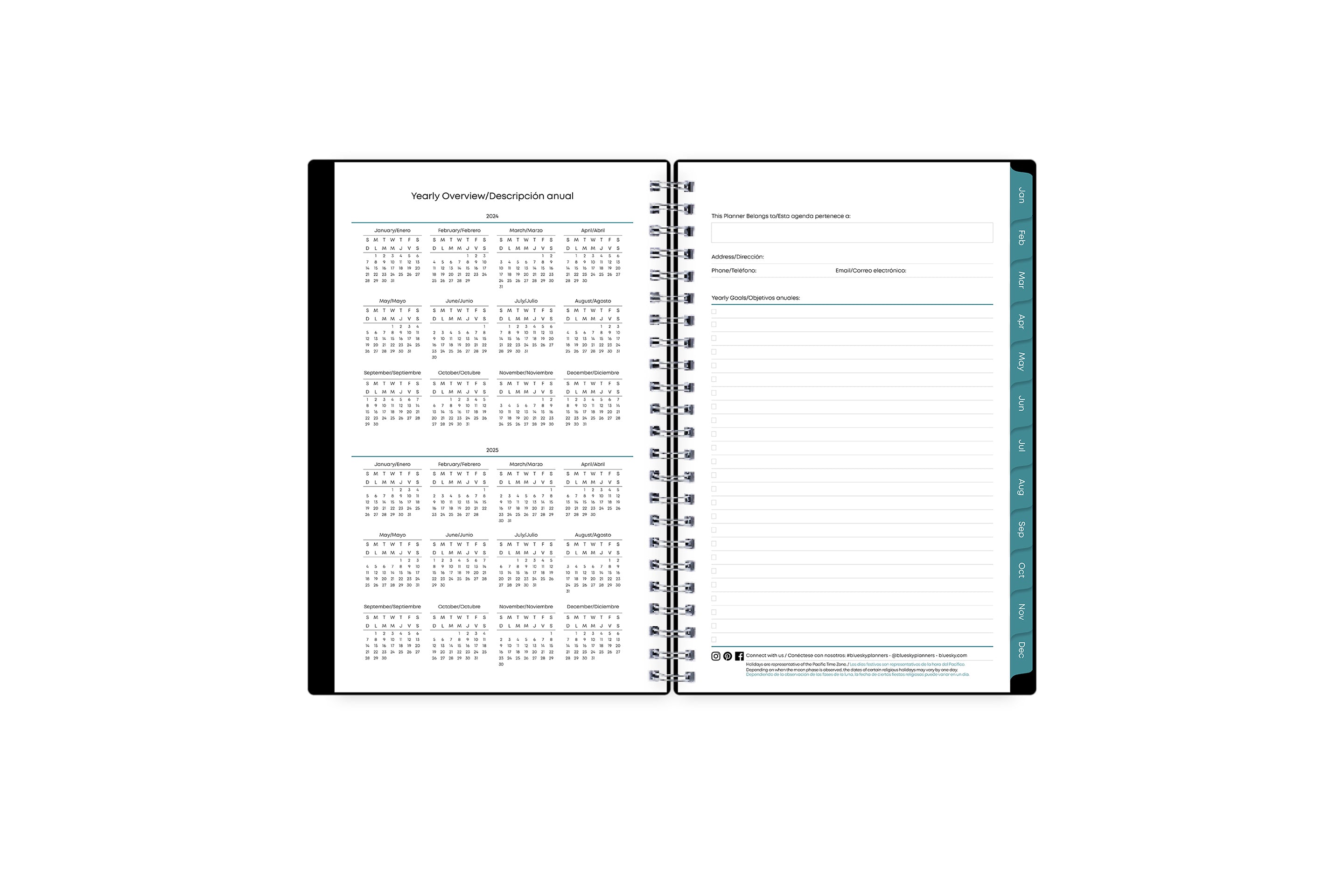 Bilingual 5x8 2024 weekly monthly planner features a yearly overview of 2023 and 2023 with contact page for owner of planner and bulleted yearly goals and accomplishments with navy monthly tabs and white text