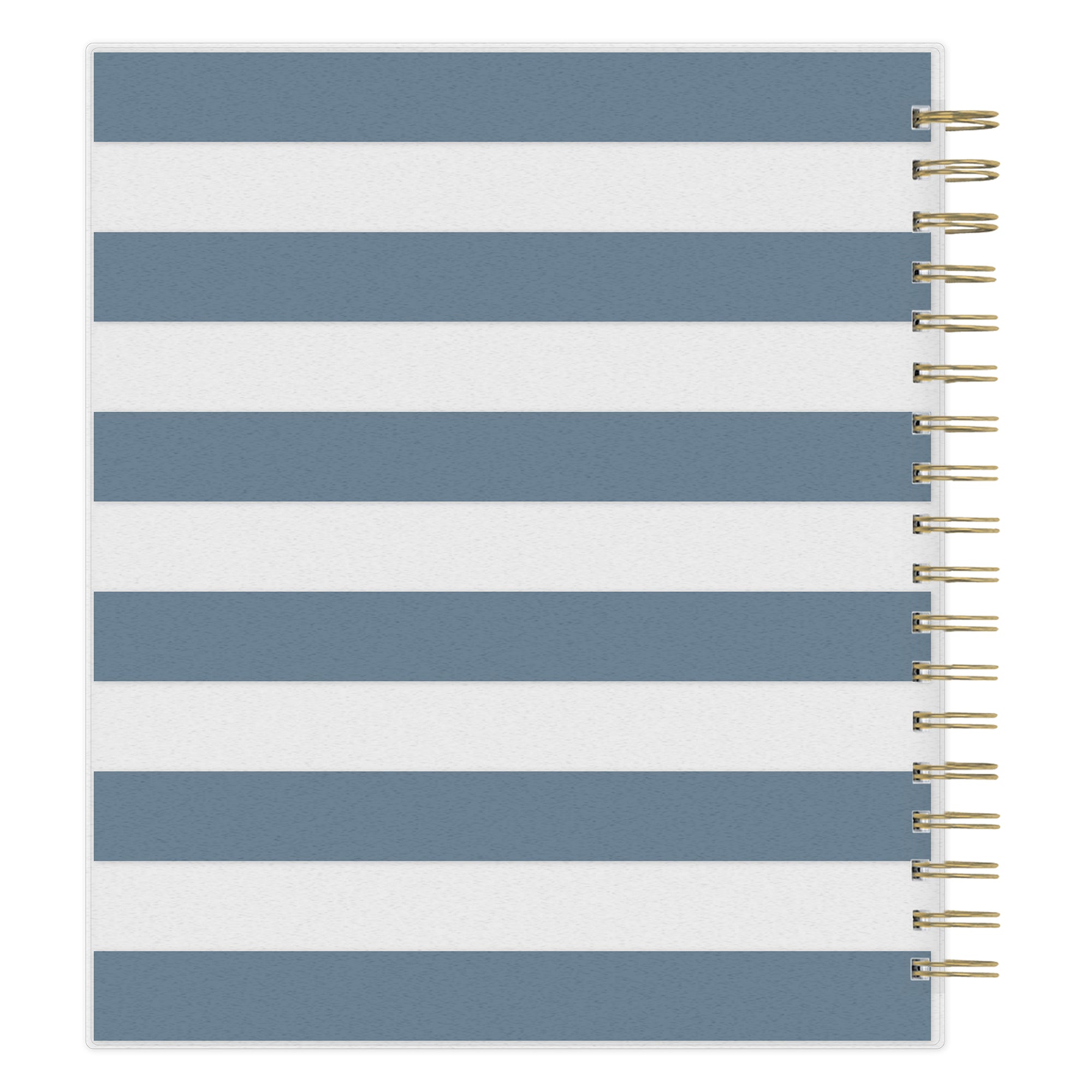 2026 daily monthly from day designer for blue sky featuring a hardcover, navy blue and white stripe design, gold twin wire-o binding in a compact 8x10 planner size.