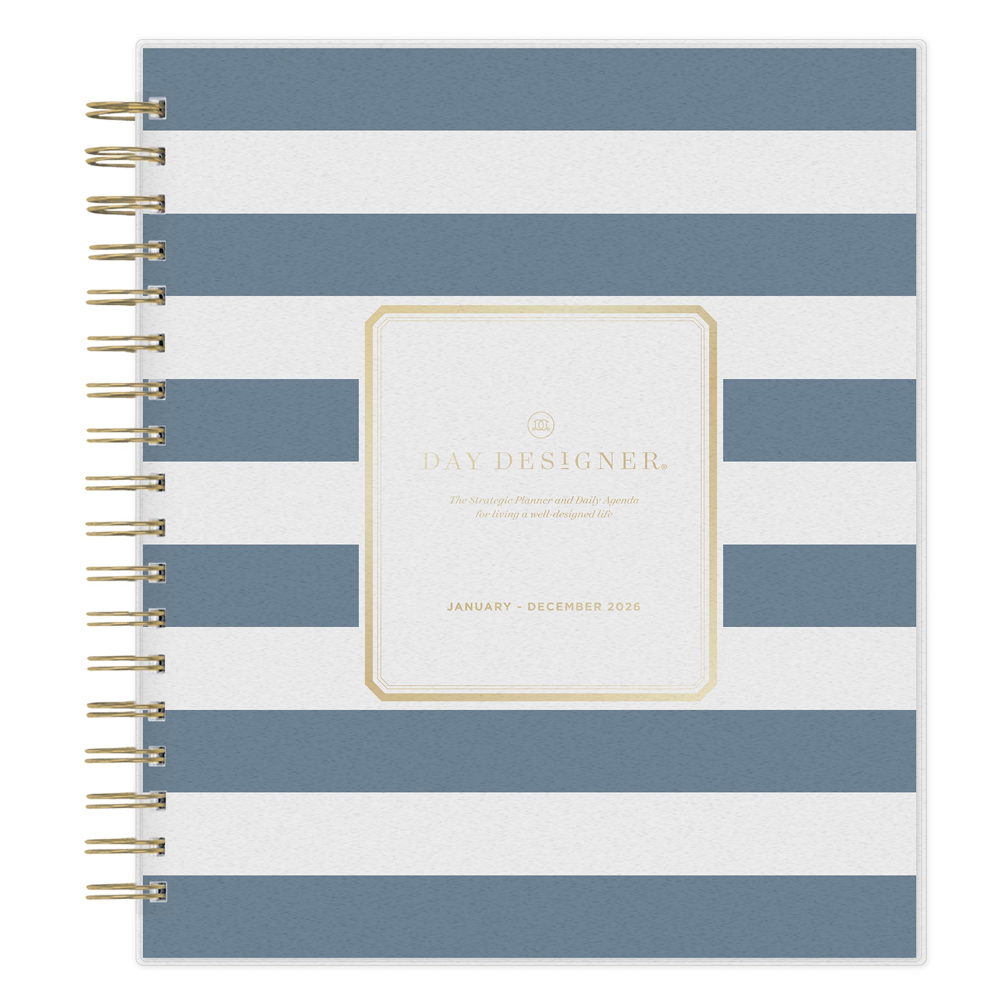 2026 daily monthly from day designer for blue sky featuring a hardcover, navy blue and white stripe design, gold twin wire-o binding in a compact 8x10 planner size.