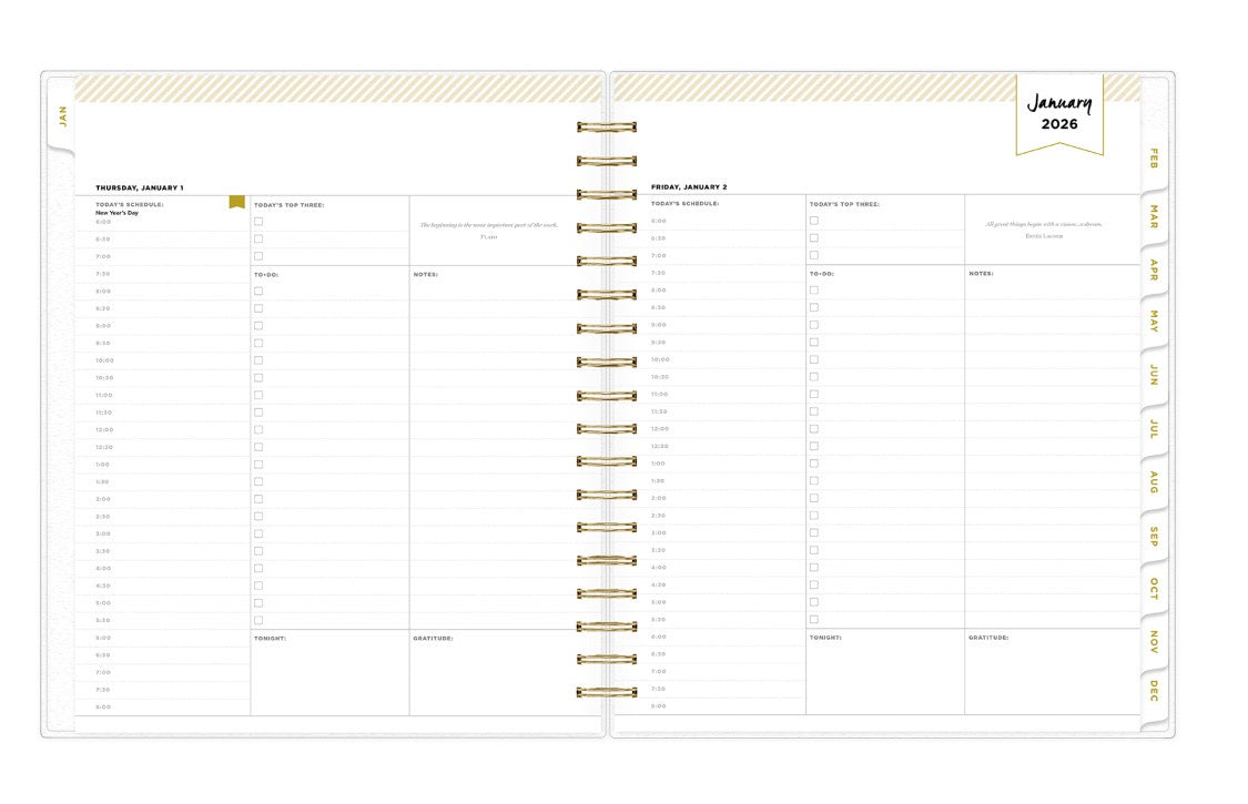 January 2026 - December 2026 daily monthly planner featuring a monthly spread with lined writing space, notes and to-do list, white monthly tabs with gold printed text, and monthly reference calendars all in a 8x10 planner size