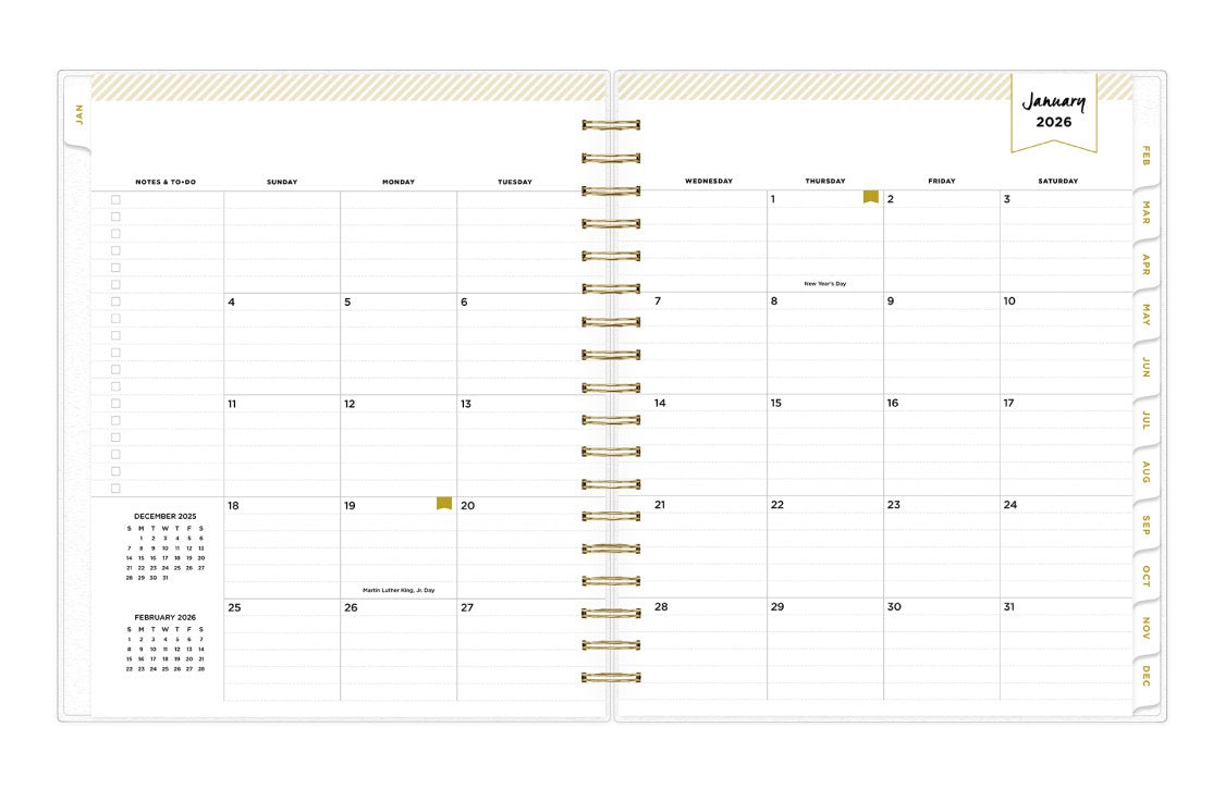 January 2026 - December 2026 daily monthly planner featuring a daily spread with lined writing space, notes and to-do list, one hour increments, and ample planning sections in a 8x10 size