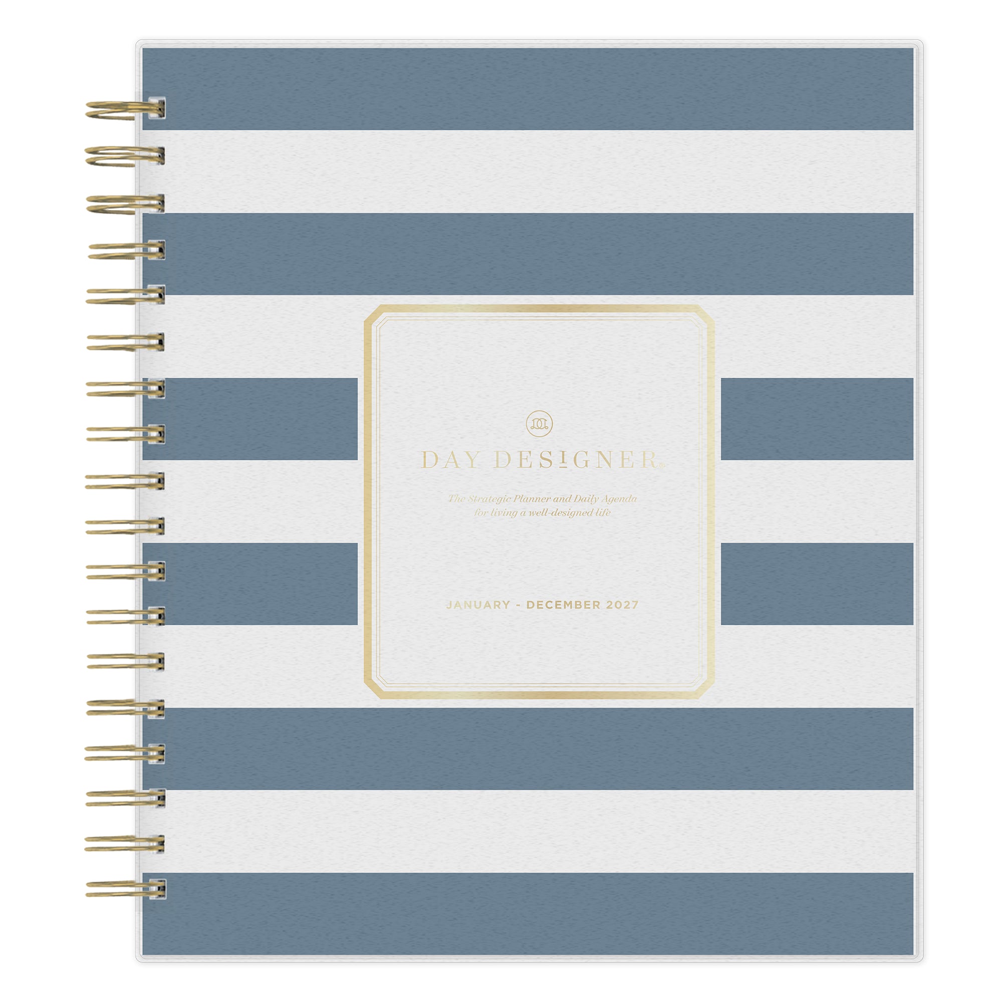 8x10 day designer blue sky planner January 2027 - December 2027 with a navy and white striped front cover
