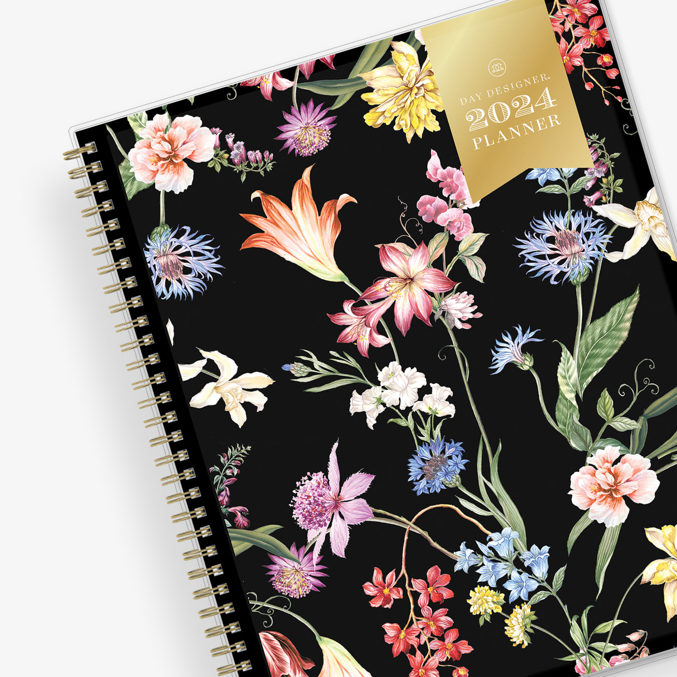 January 2024 - December 2024 featuring floral pattern on a black backcover and gold twin wire-o binding in 8.5x11 planner size