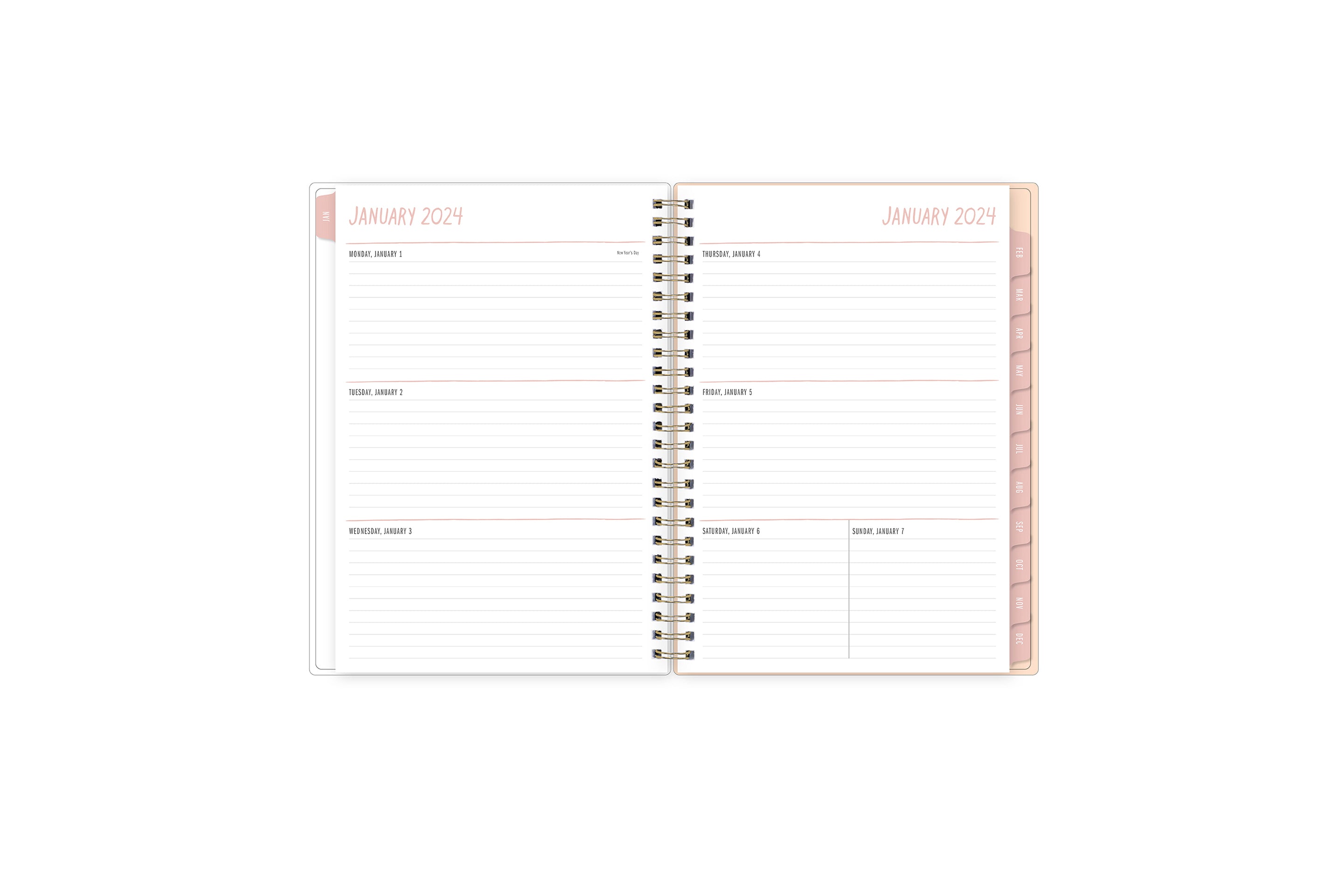 January 2024 to December 2024 weekly monthly planner featuring ample lined writing space, weekly to do list, notes section, and with pink monthly tabs 5x8