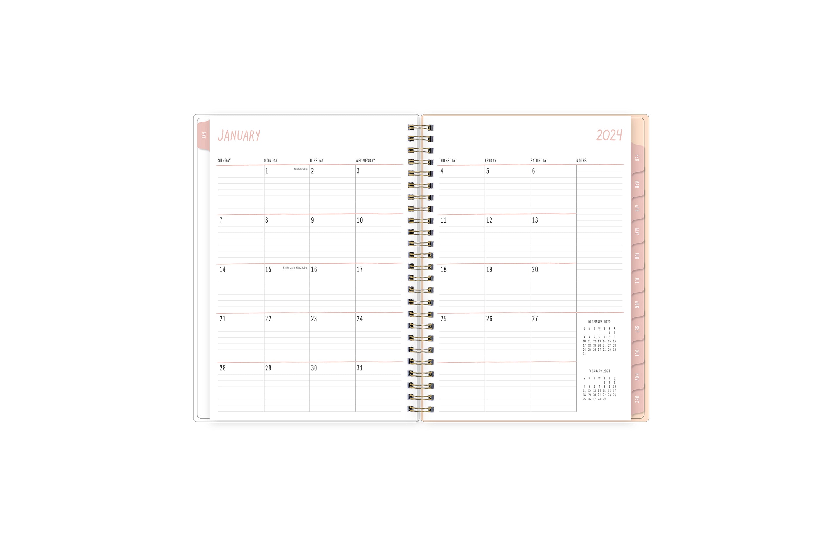 Featuring a January 2024 to December 2024 monthly view, there is lined writing space for each date, a notes section, reference calendars, and pink monthly tabs 5x8