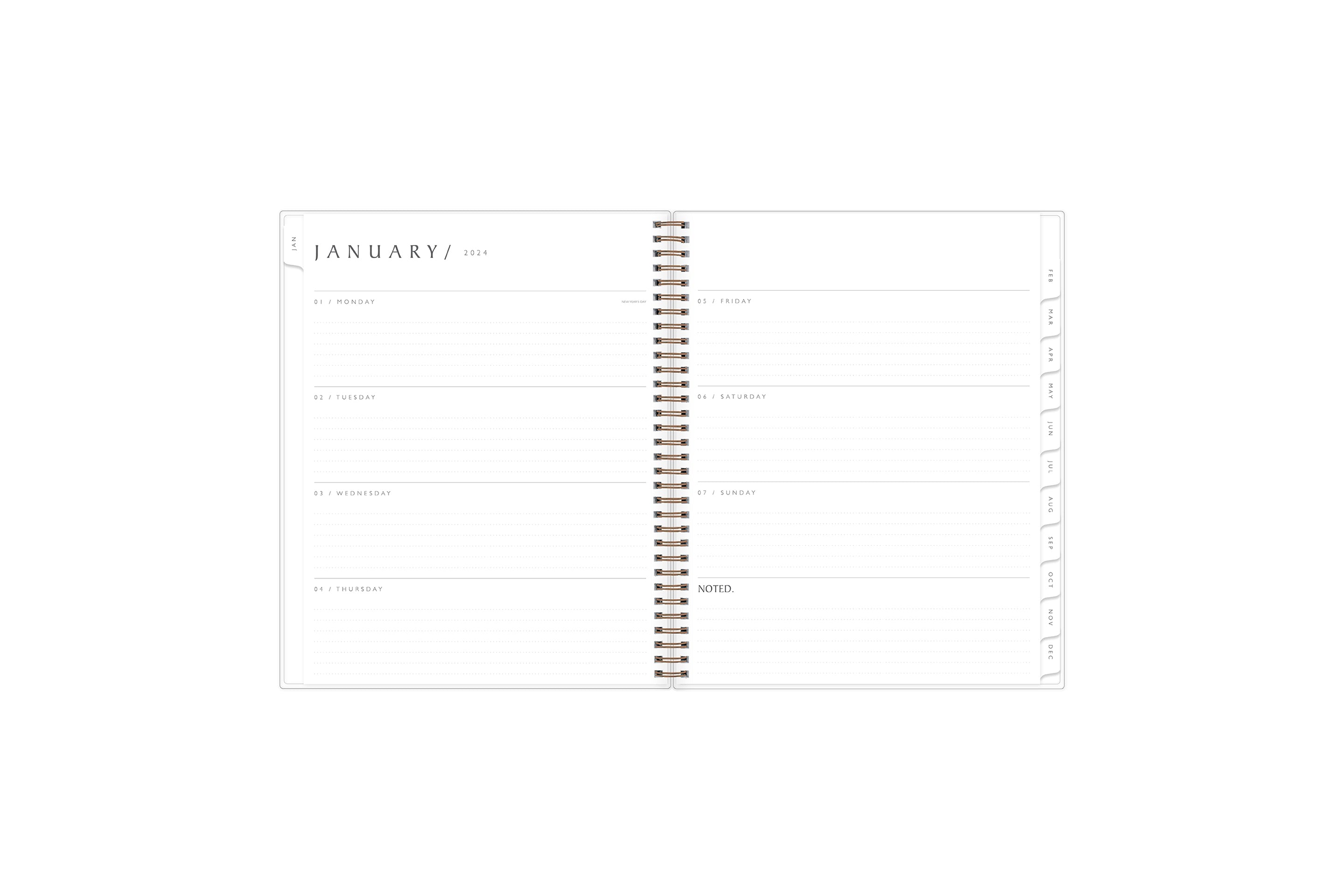 the 2024 weekly monthly planner by blue sky features a weekly spread with ample dotted lined writing space, lined notes section, reference calendar, and white monthly tabs