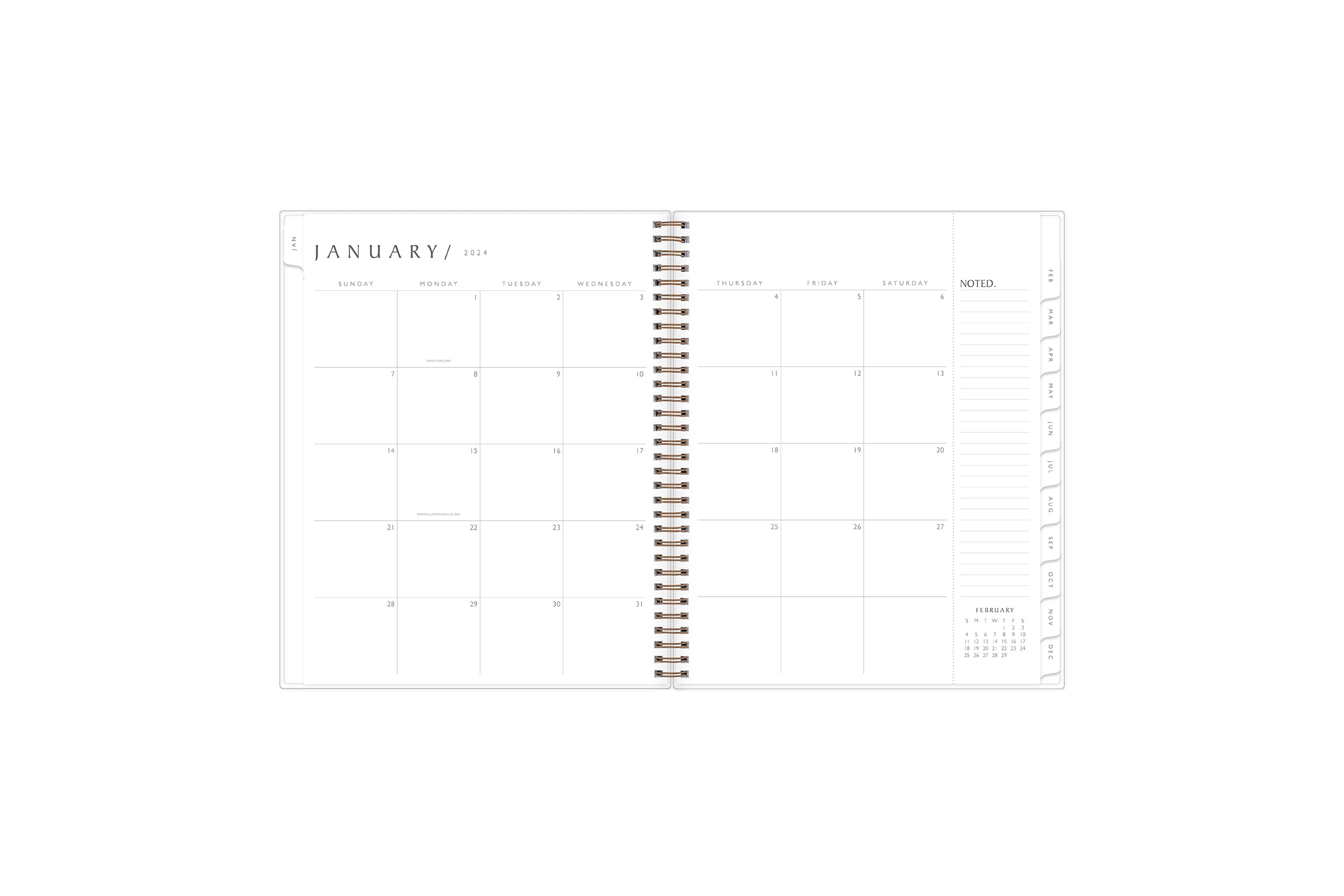 the 2024 weekly monthly planner by blue sky features a monthly spread with ample blank white writing space, lined notes section, reference calendar, and white monthly tabs