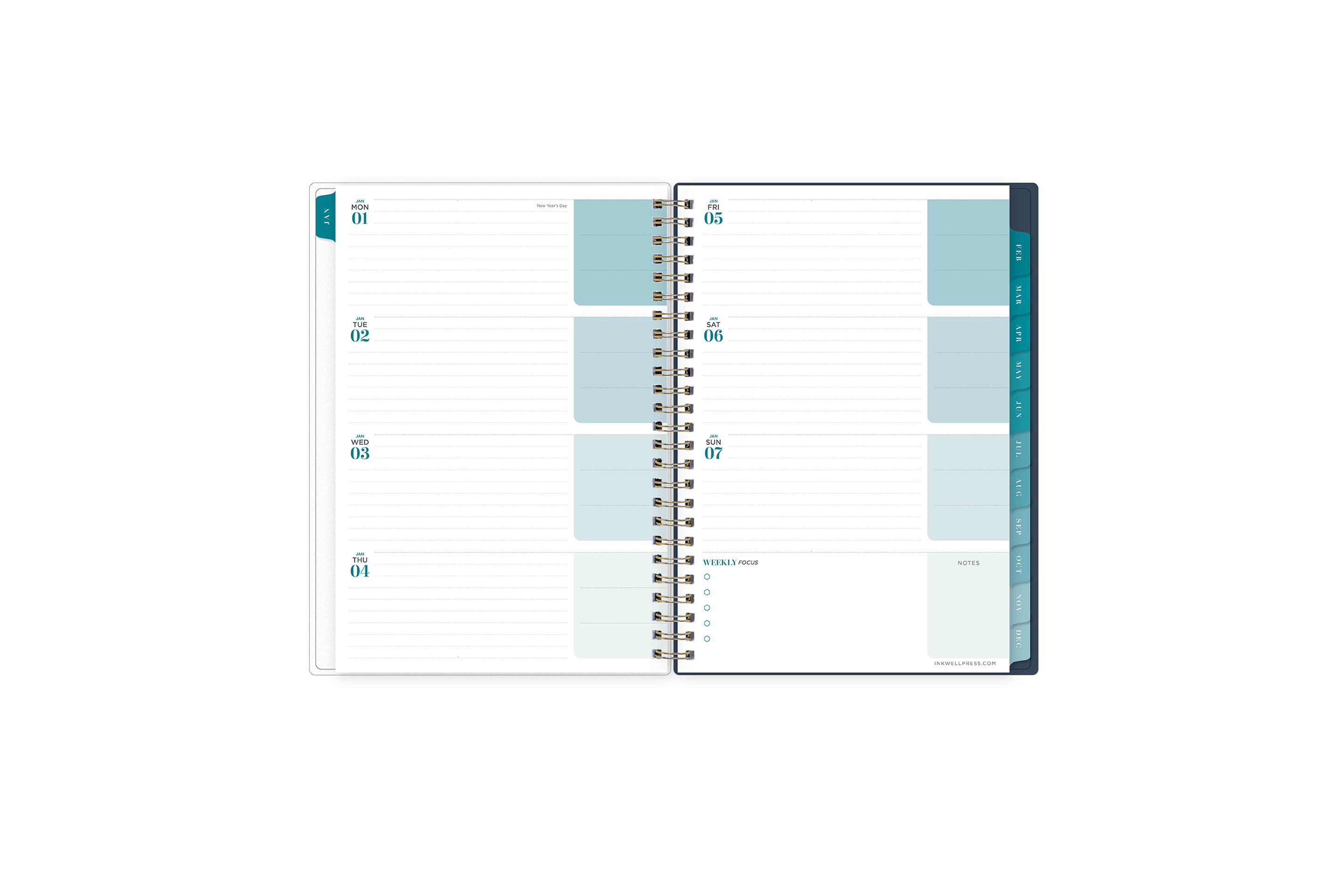 2024 inkwell press weekly monthly featuring a weekly overview perfect for planning important dates, deadlines, taking notes, bullet points, lined notes and reference calendar with turqiouse tabs in 5.875x8.625 size