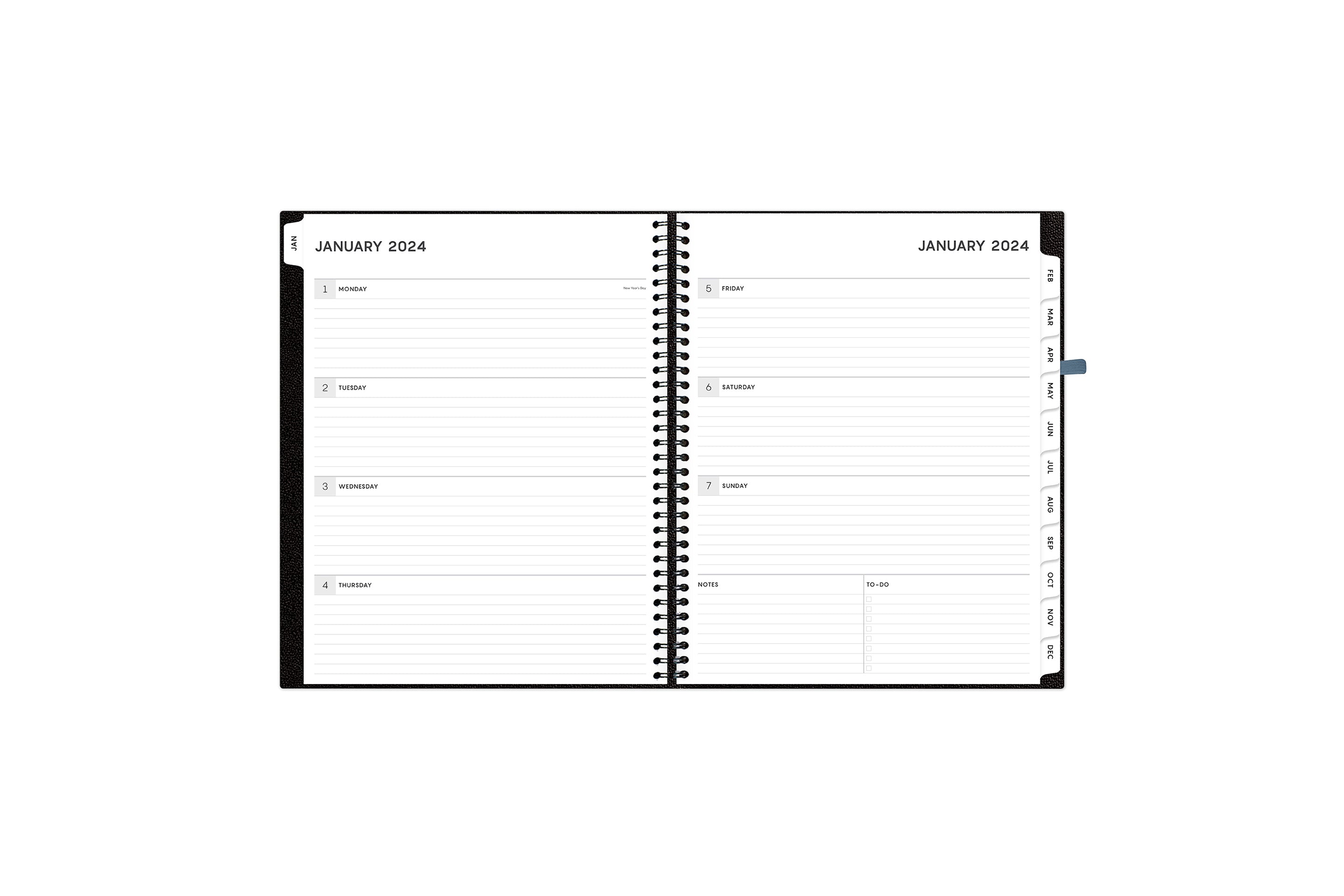 Aligned 2024 planner notes features a weekly spread featuring clean, lined writing space and reference calendars for the year to stay organized throughout the year.