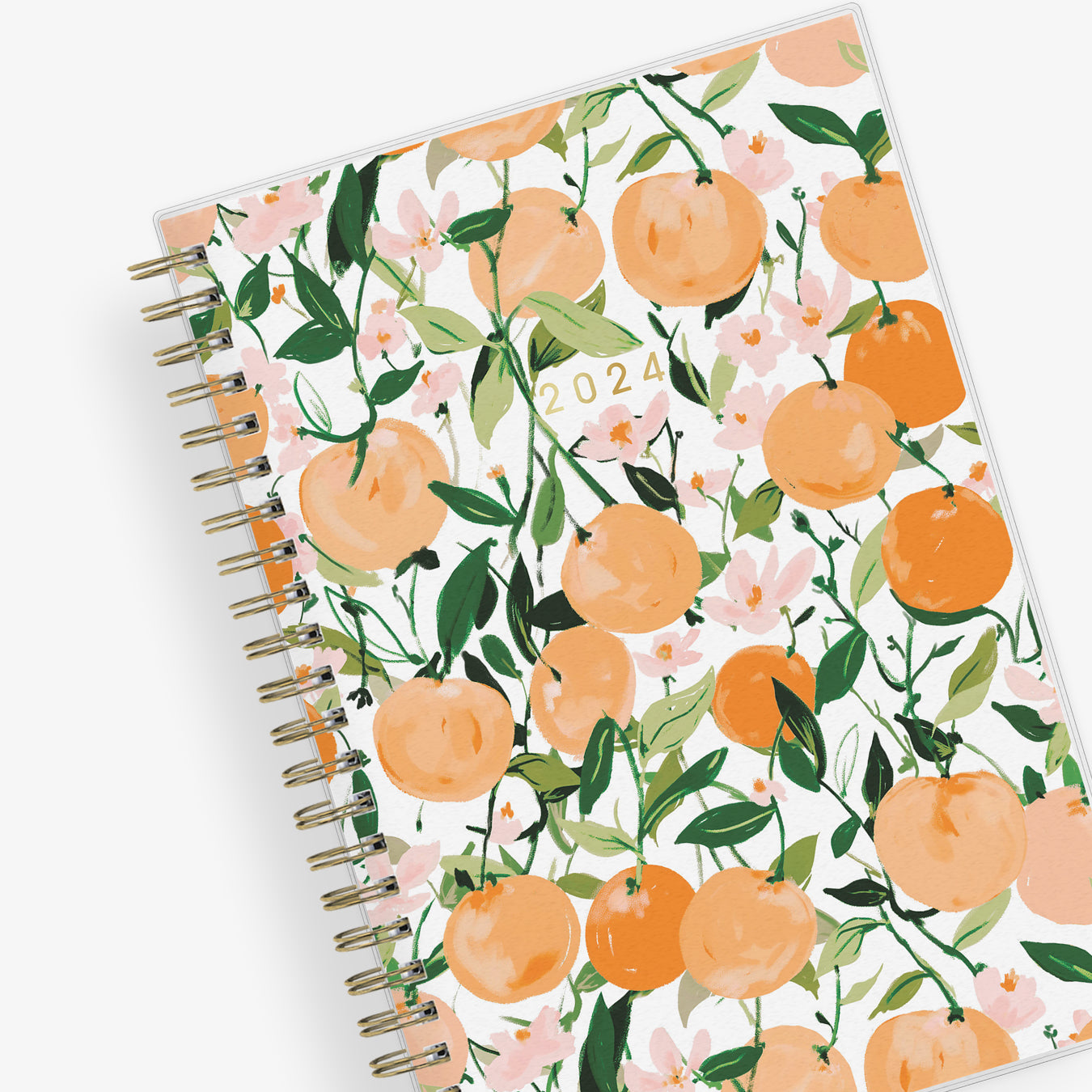 January 2024 - December 2024 weekly monthly planner featuring oranges and cuties on 5x8 planner size gold wire-o binding