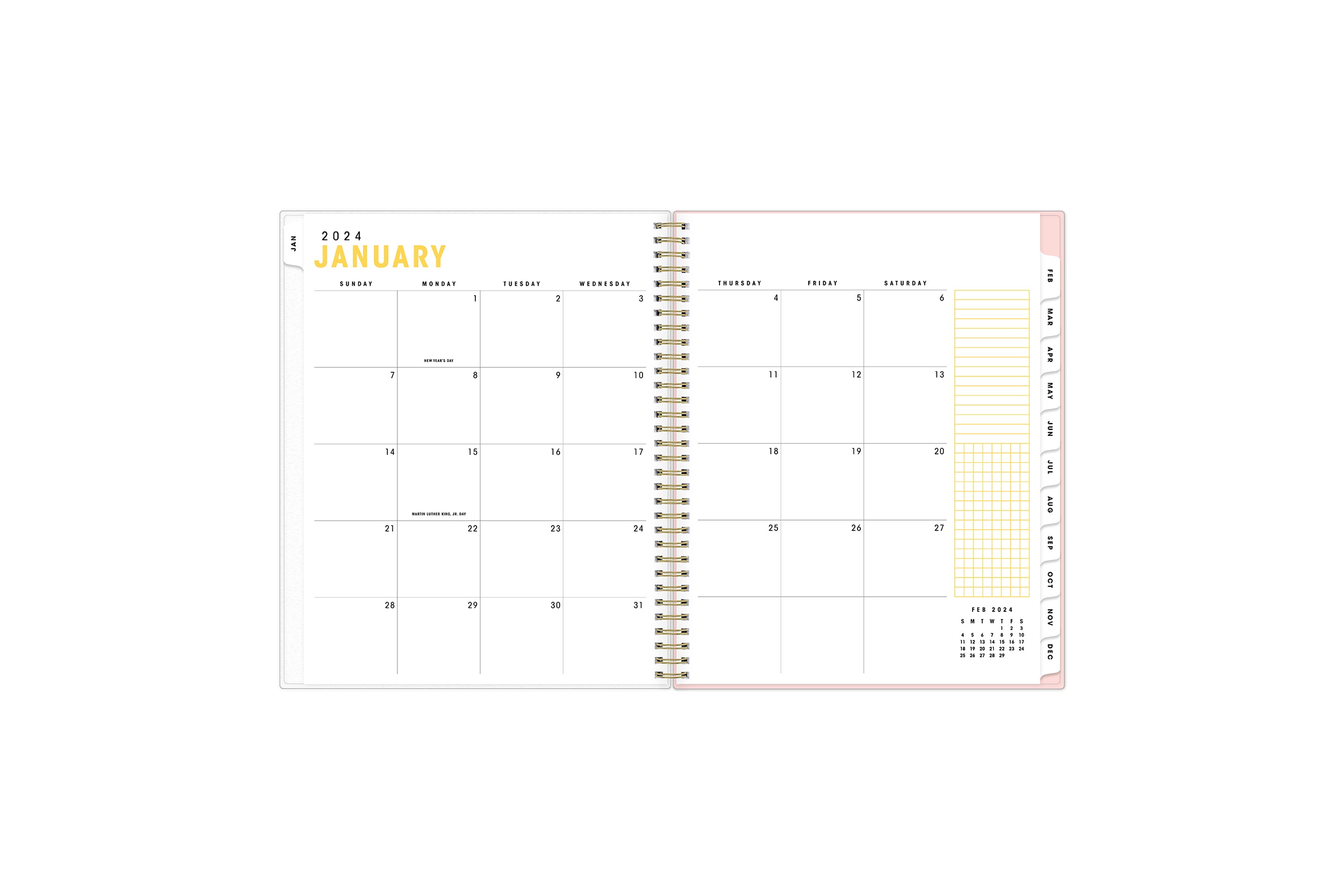 January 2024 - December 2024 weekly monthly planner featuring a monthly spread boxes for each day, lined writing space, notes section, reference calendars, and white monthly tabs in 5x8 size