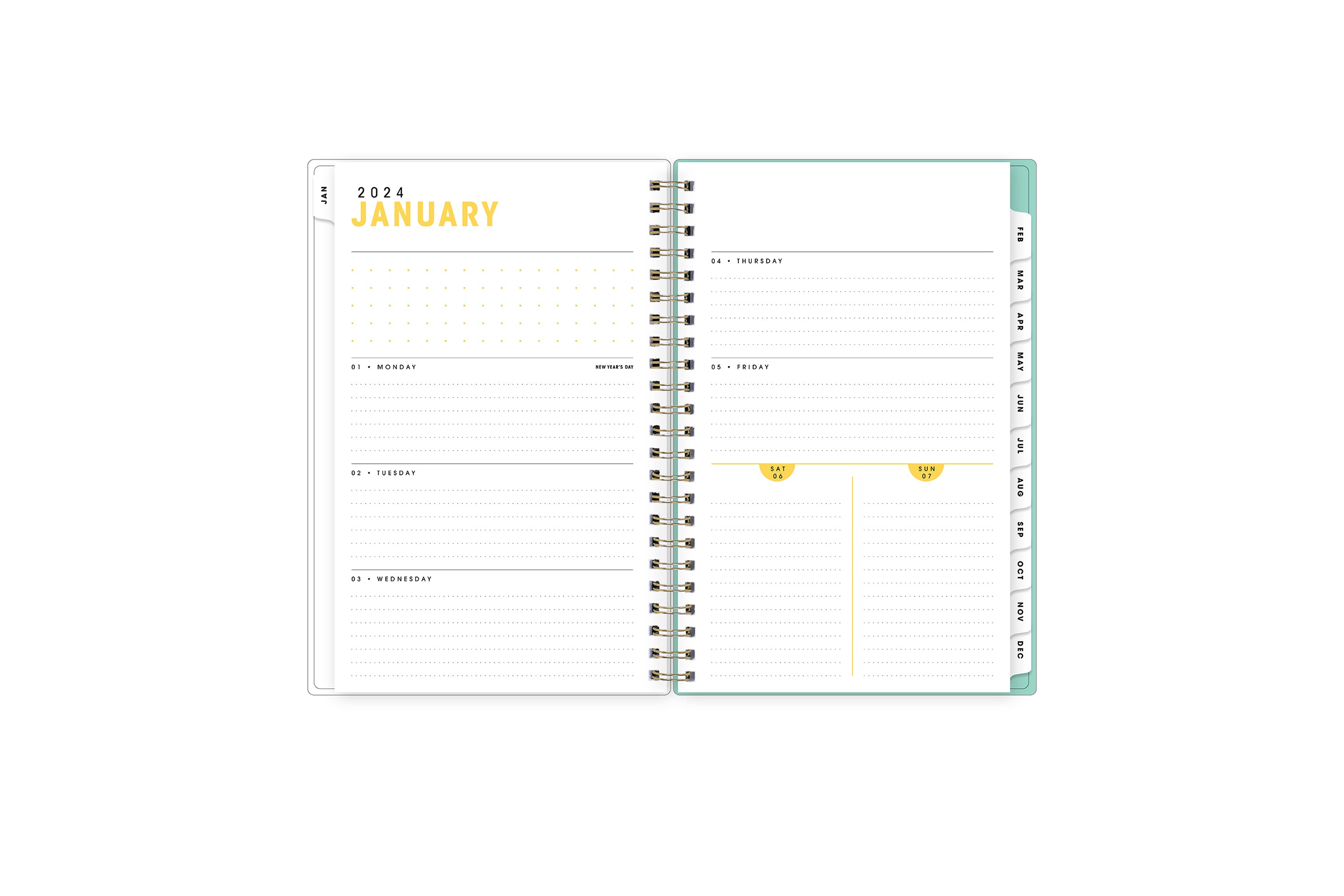 January 2024 - December 2024 weekly monthly planner featuring dotted lined notes and white monthly tabs, gold wire-o binding