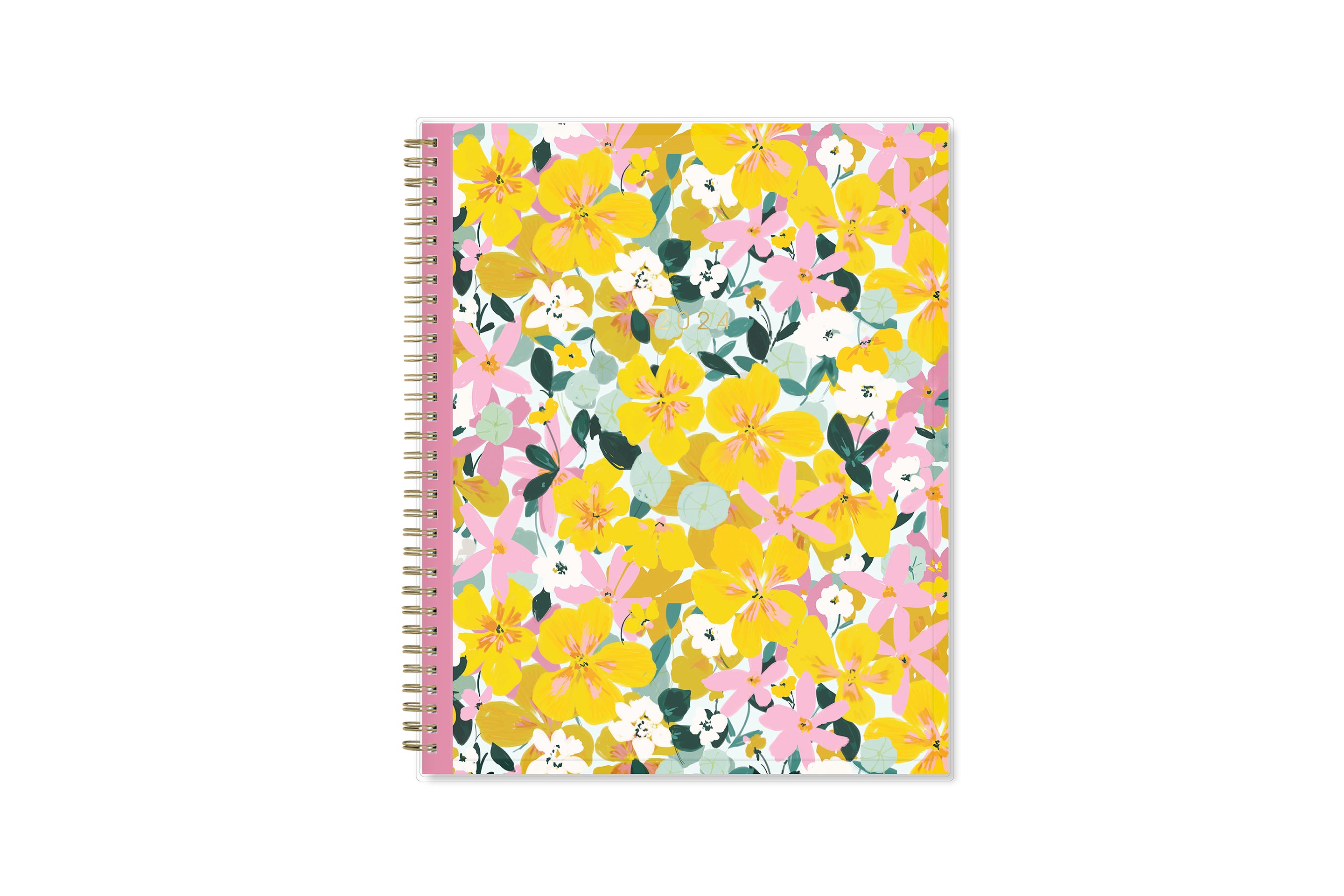 2024 planner weekly monthly featuring gold wire-o and yellow pink flowers 8.5x11